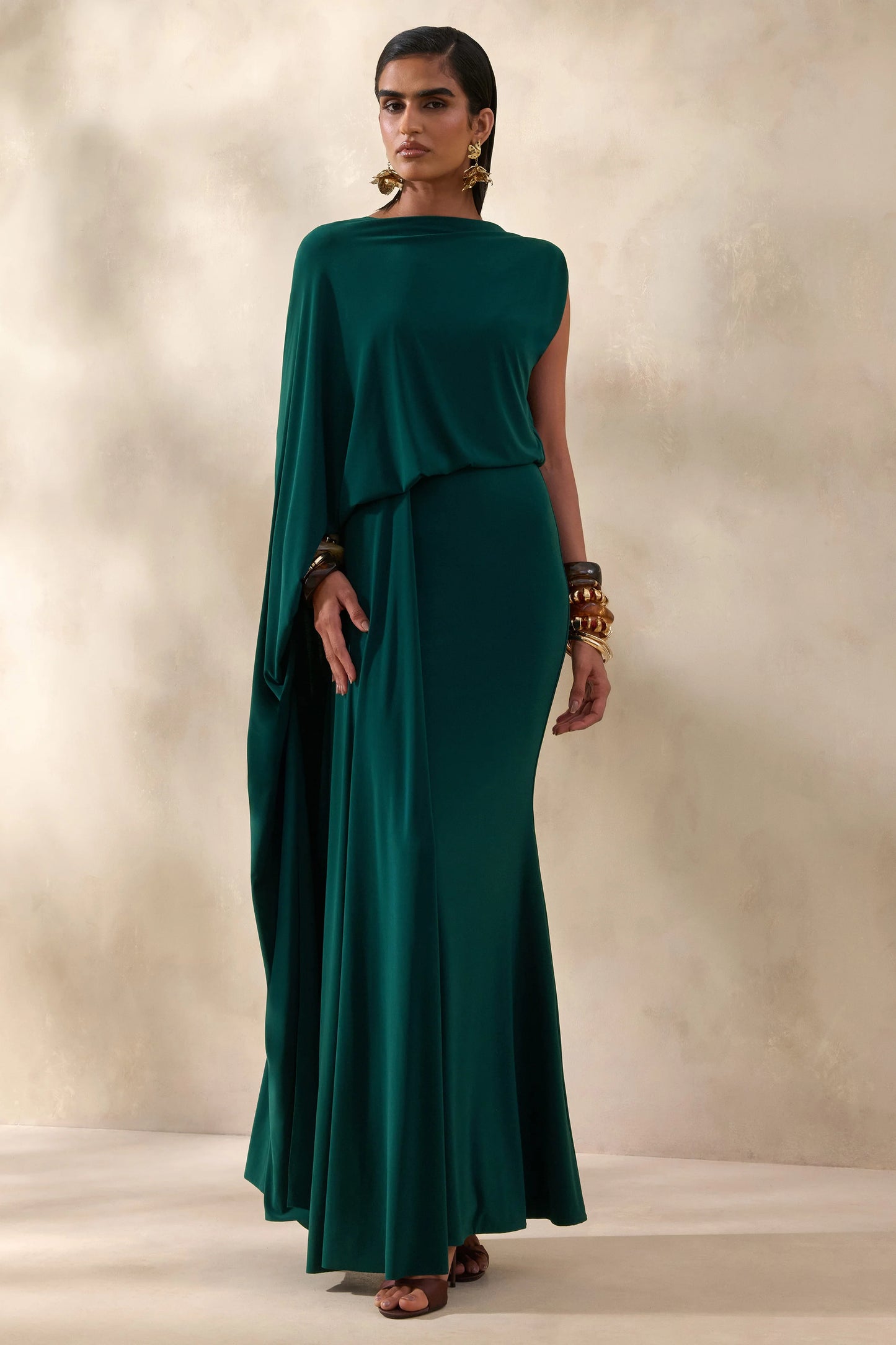 Carenza Dark Green Wide-Neck Maxi Dress With Cape-Sleeve