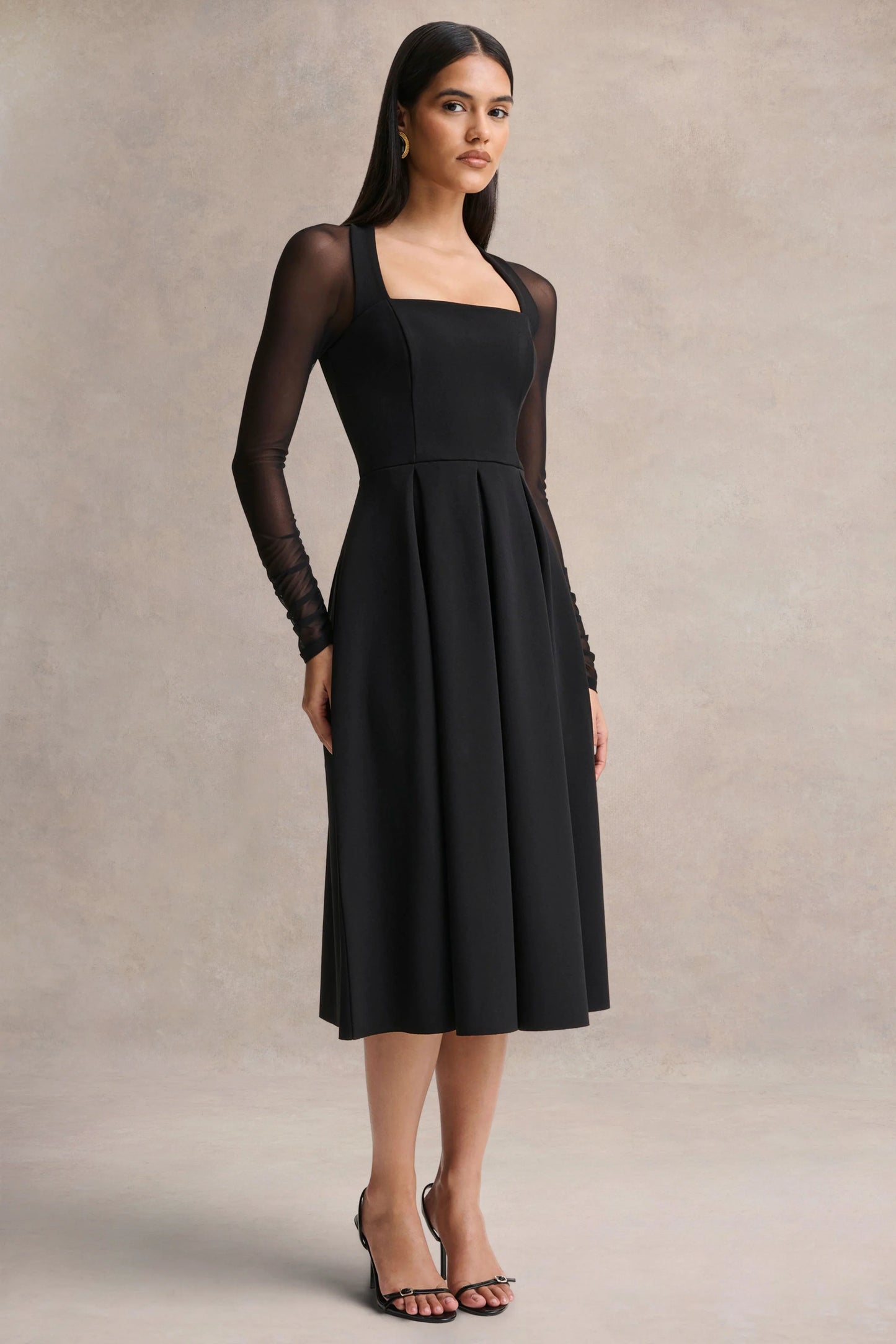 Melinda Black Square-Neck Midi Dress With Mesh Detailing