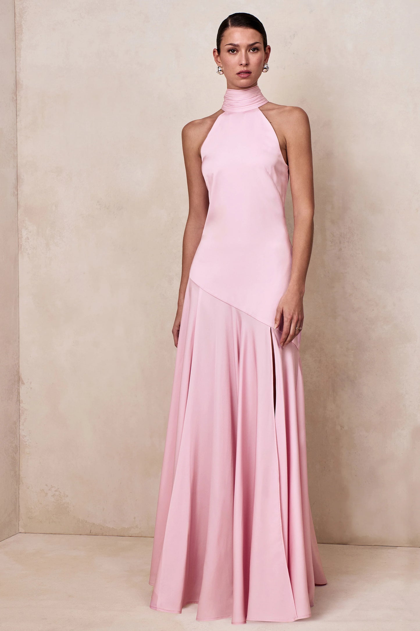 Luscious Light Pink High-Neck Maxi Dress With Drop-Waist And Bow Detail