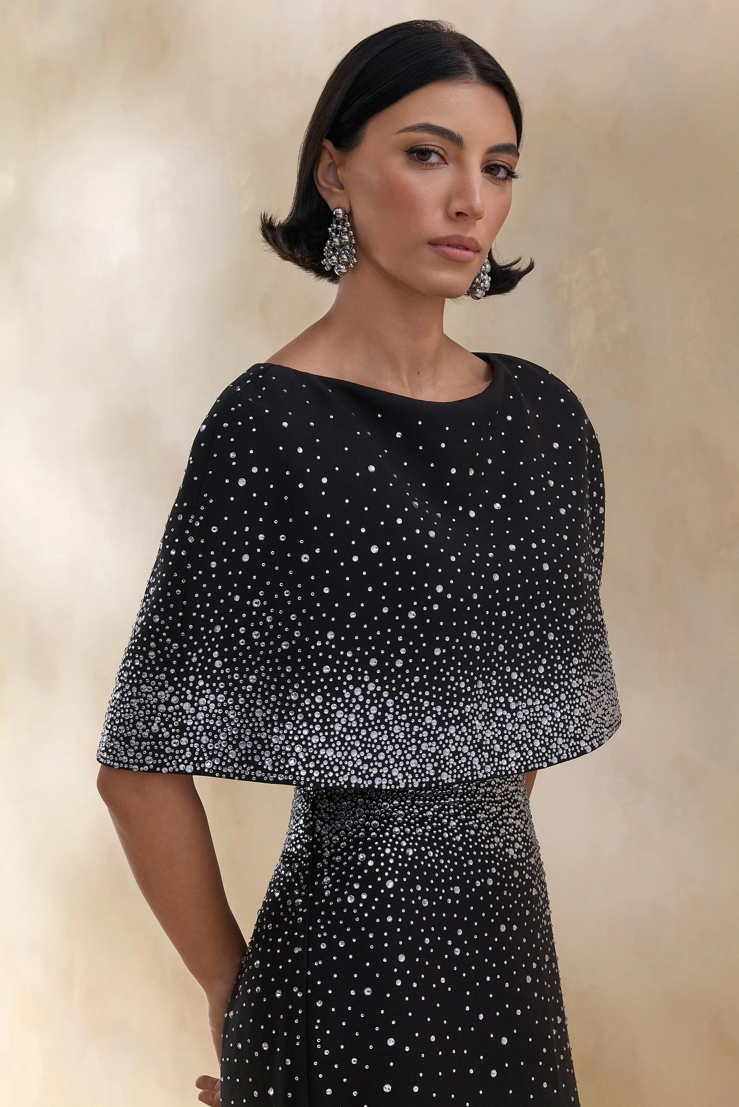 Luxy Black Embellished Boat-Neck Crop-Top With Cape-Sleeves