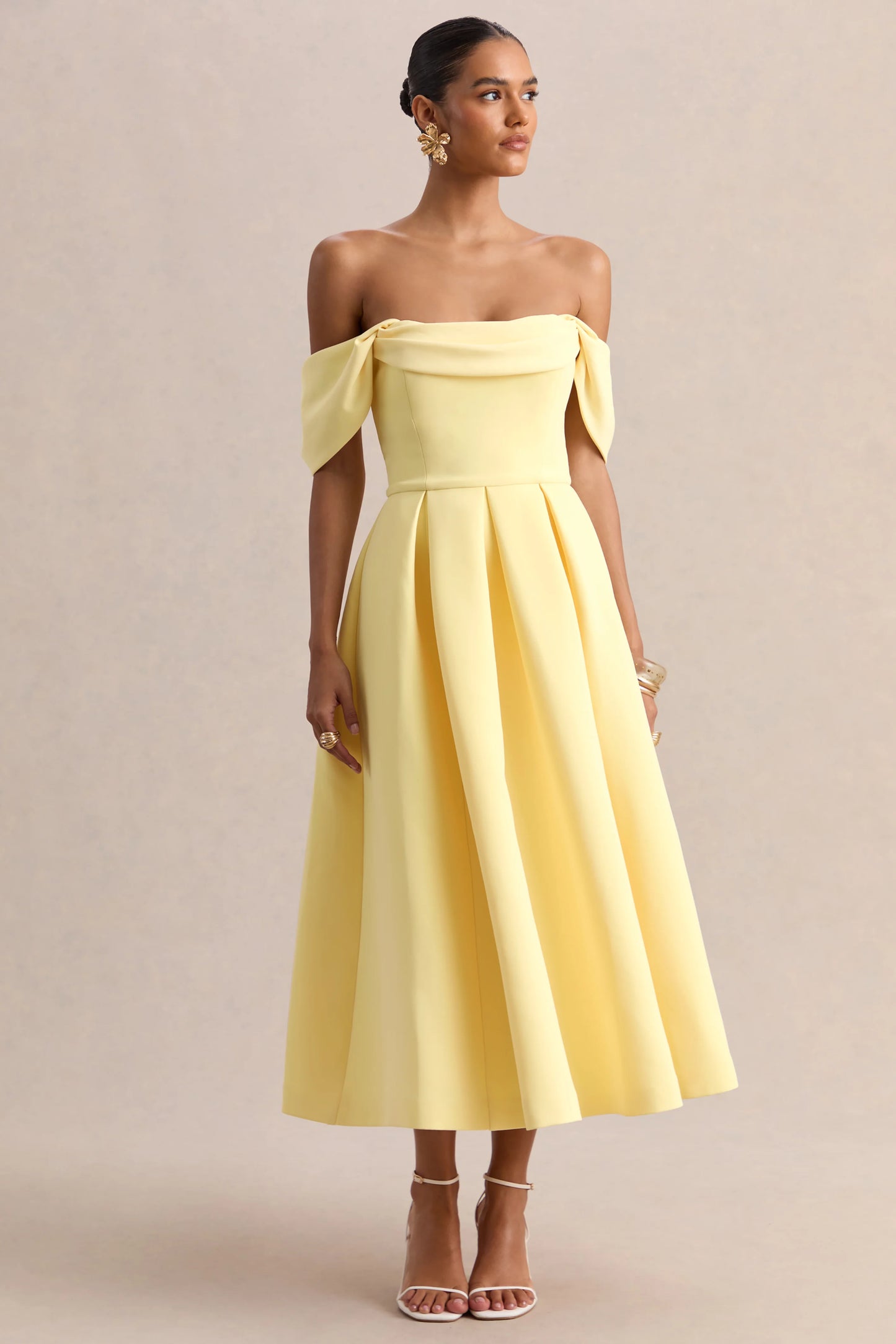 Cosima Lemon Bardot-Neck Midi Dress
