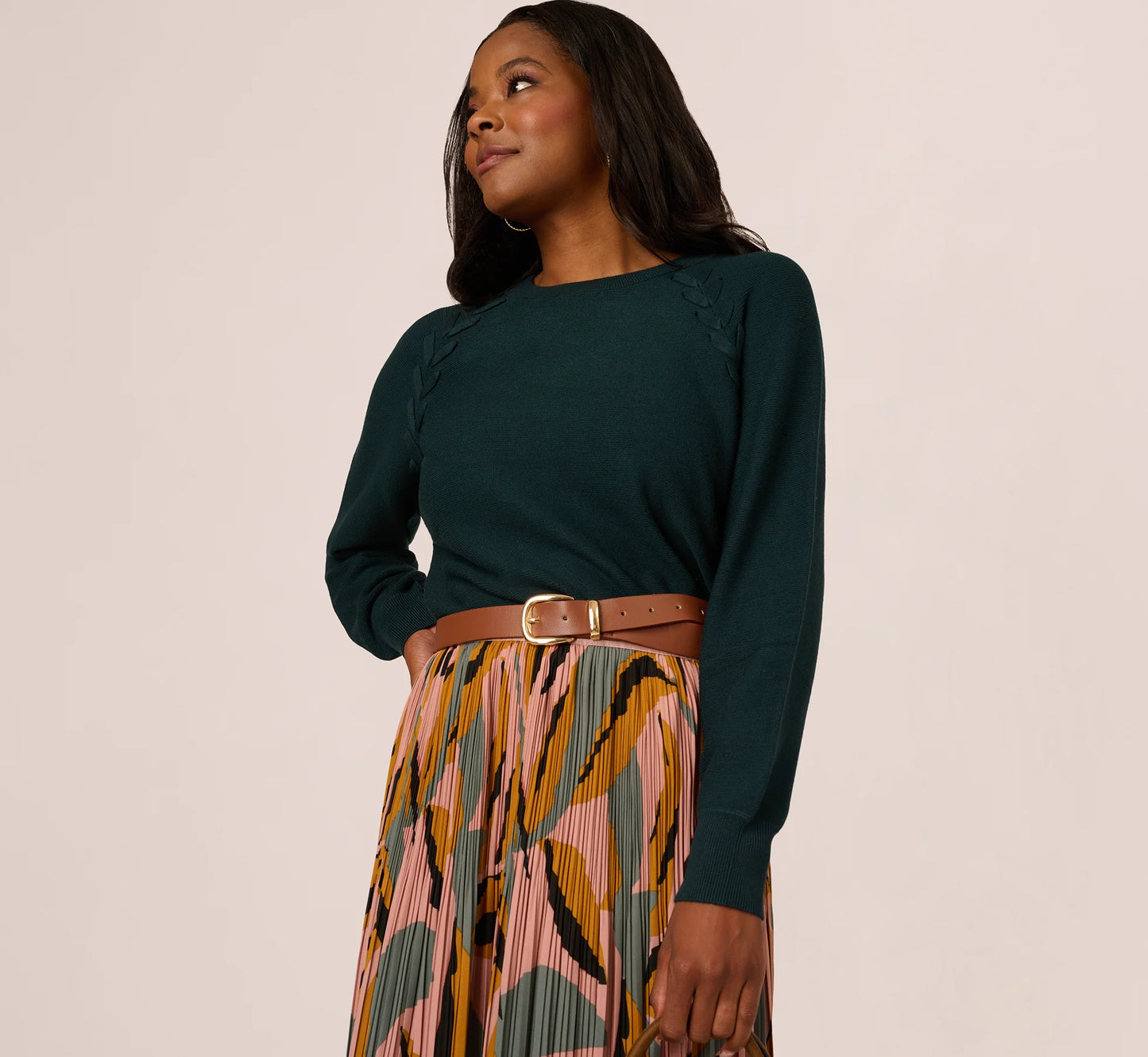 Long Sleeve Laced Raglan Sweater In Forest Teal