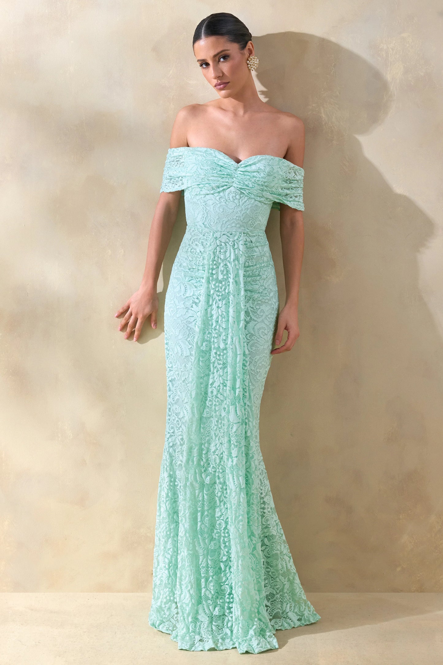 Aries Mint Lace Bardot-Neck Maxi Dress With Gathered Detailing