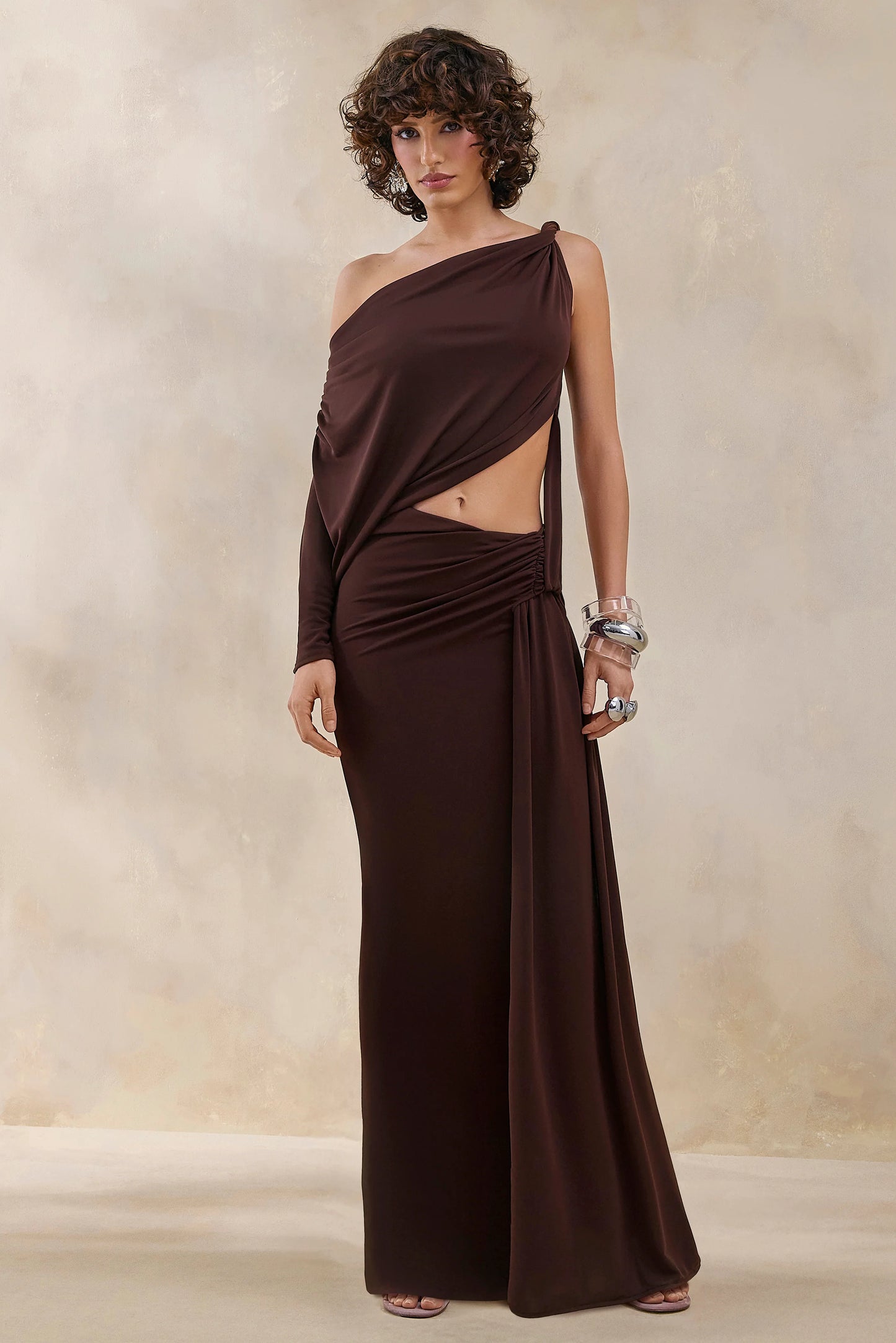 Layla Brown Asymmetric-Neck Wrap Maxi Dress With Body Cut-Out And Ruched Detailing