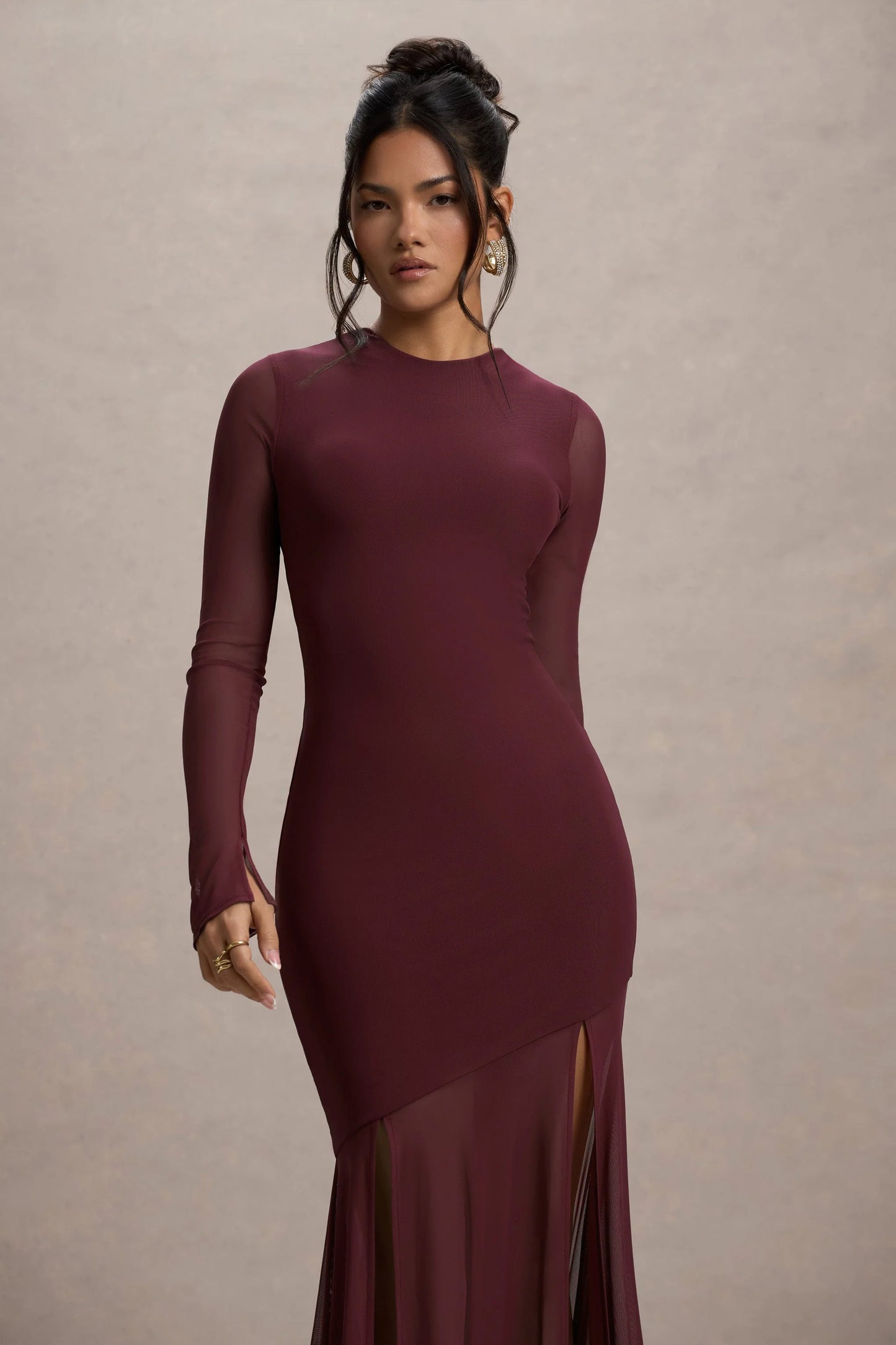 Tigerlily Port Mesh Long-Sleeve Open-Back Maxi Dress