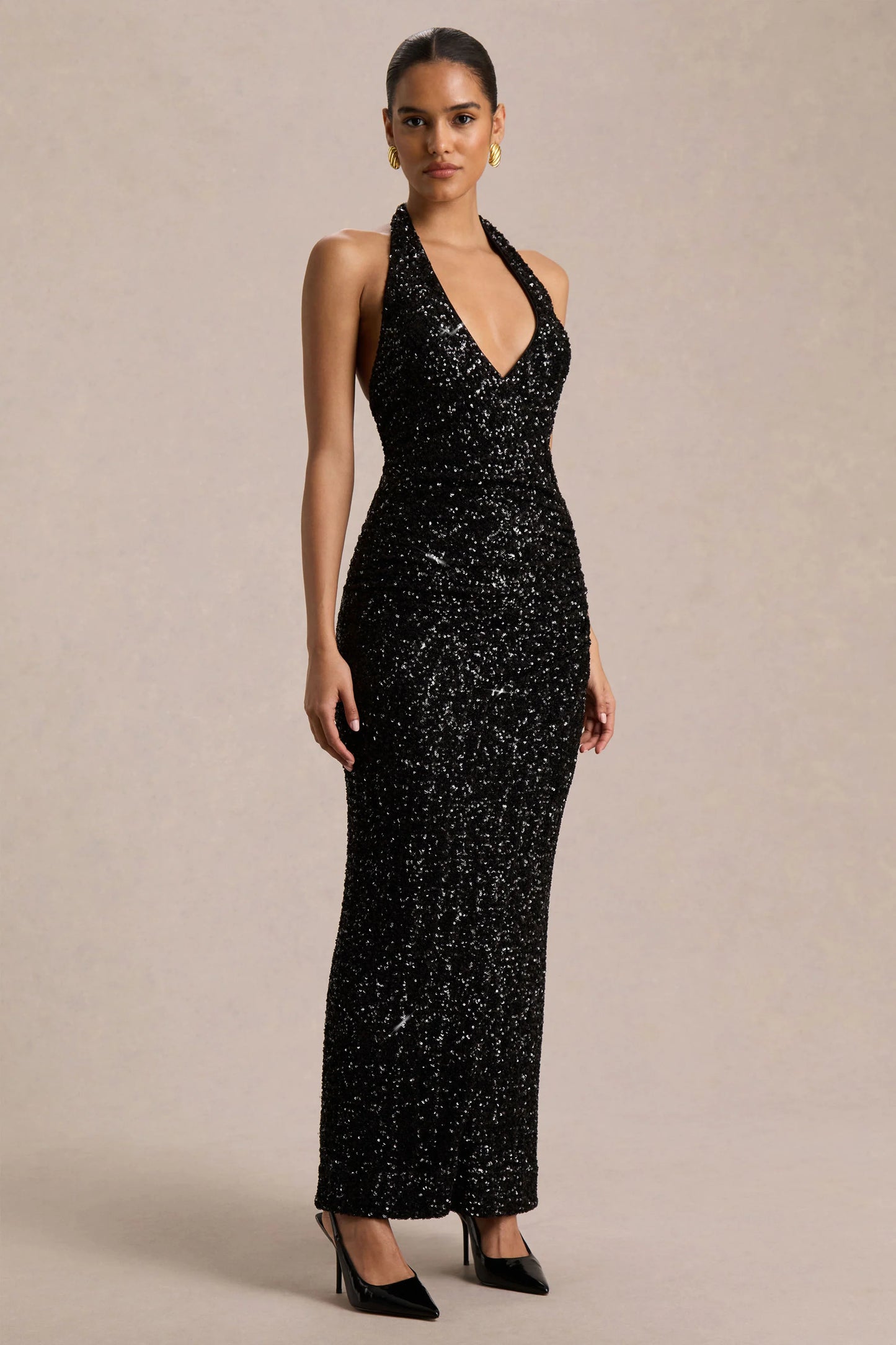 Gio Black Sequin Plunge-Neck Wrap Maxi Dress With Ruched Detailing
