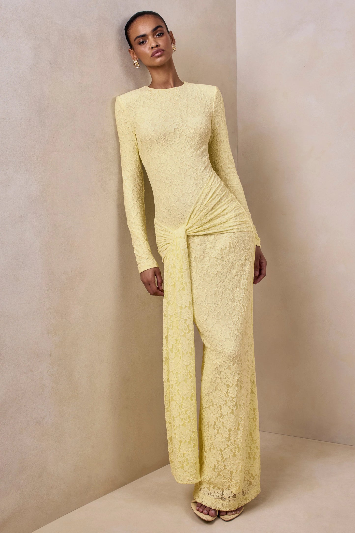 Evangela Lemon Lace Crew-Neck Maxi Dress With Wrap-Detail