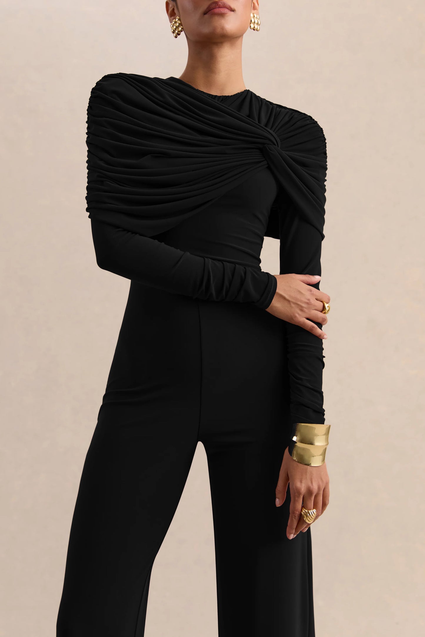 Eloura Black High-Neck Jumpsuit With Twist-Gathered Detail