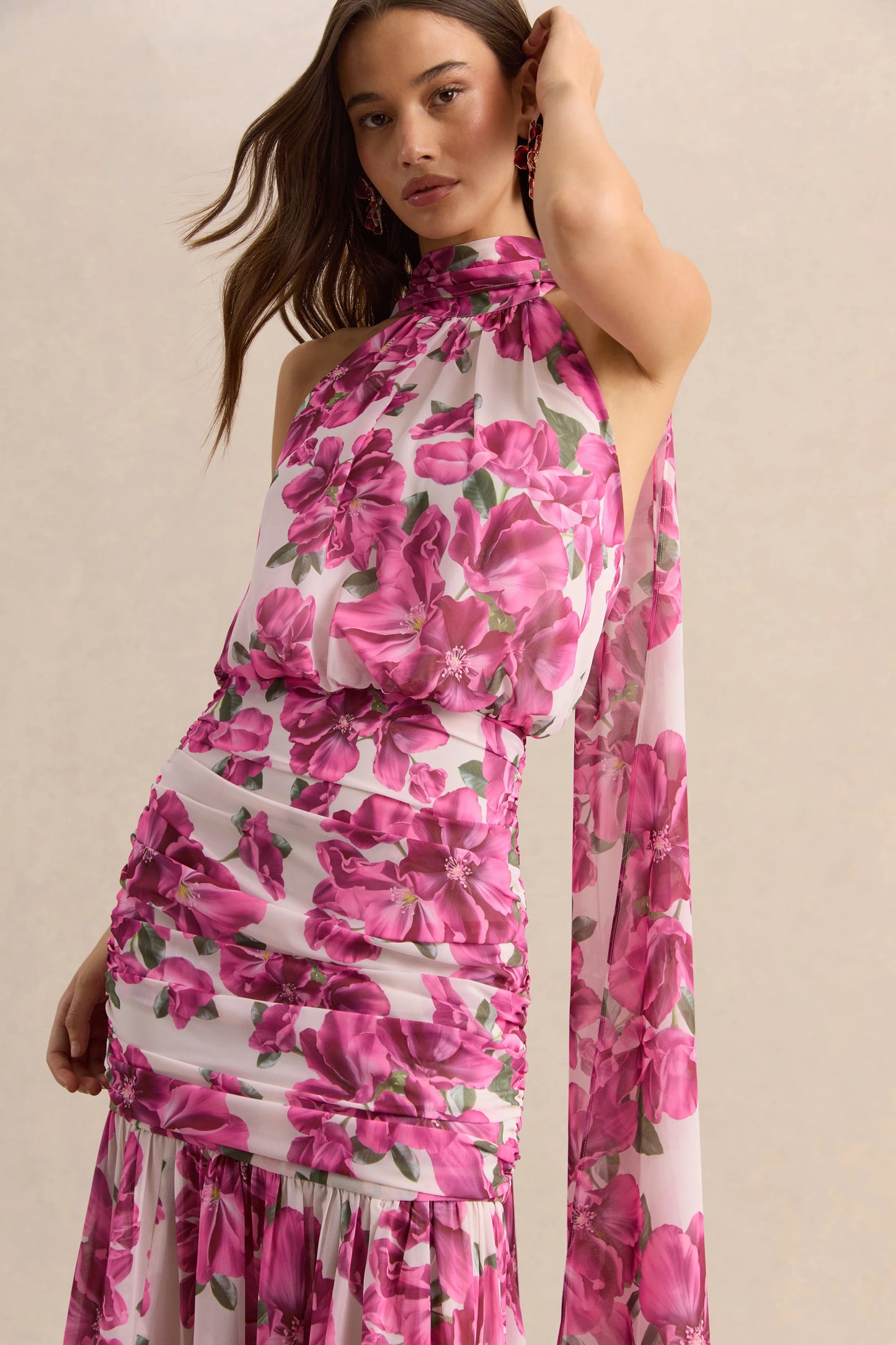 Veronique Pink Hibiscus Floral Halter-Neck Maxi Dress