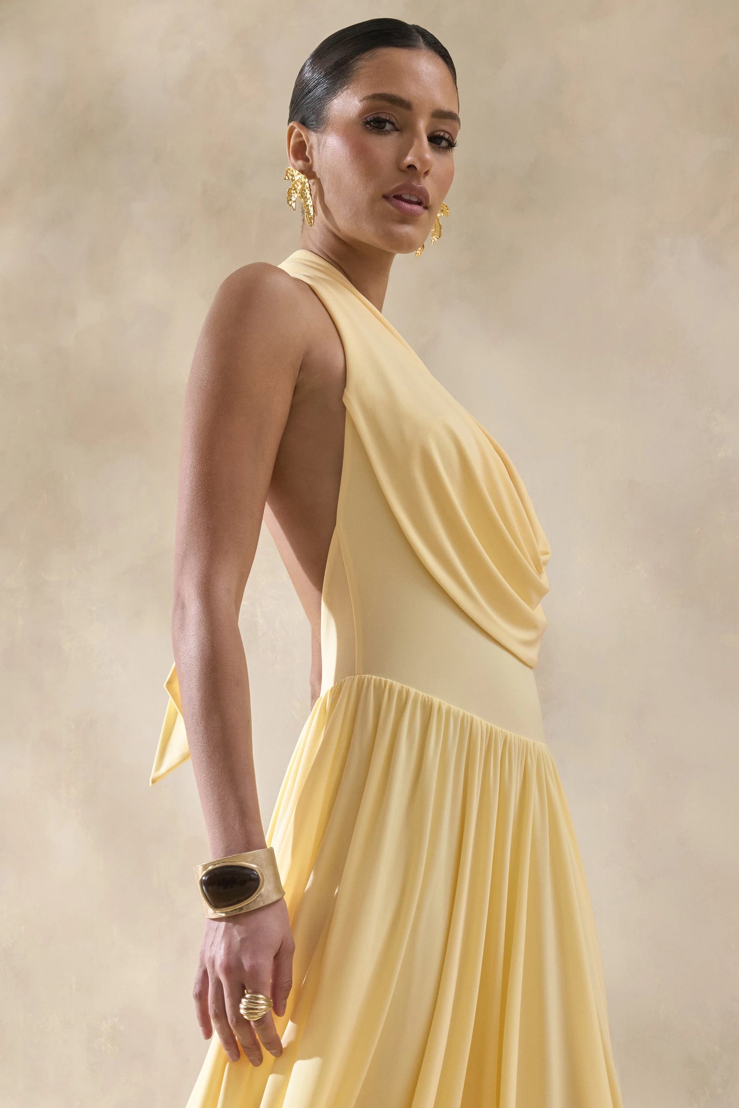 Veyra Lemon Plunge Cowl-Neck Midi Dress