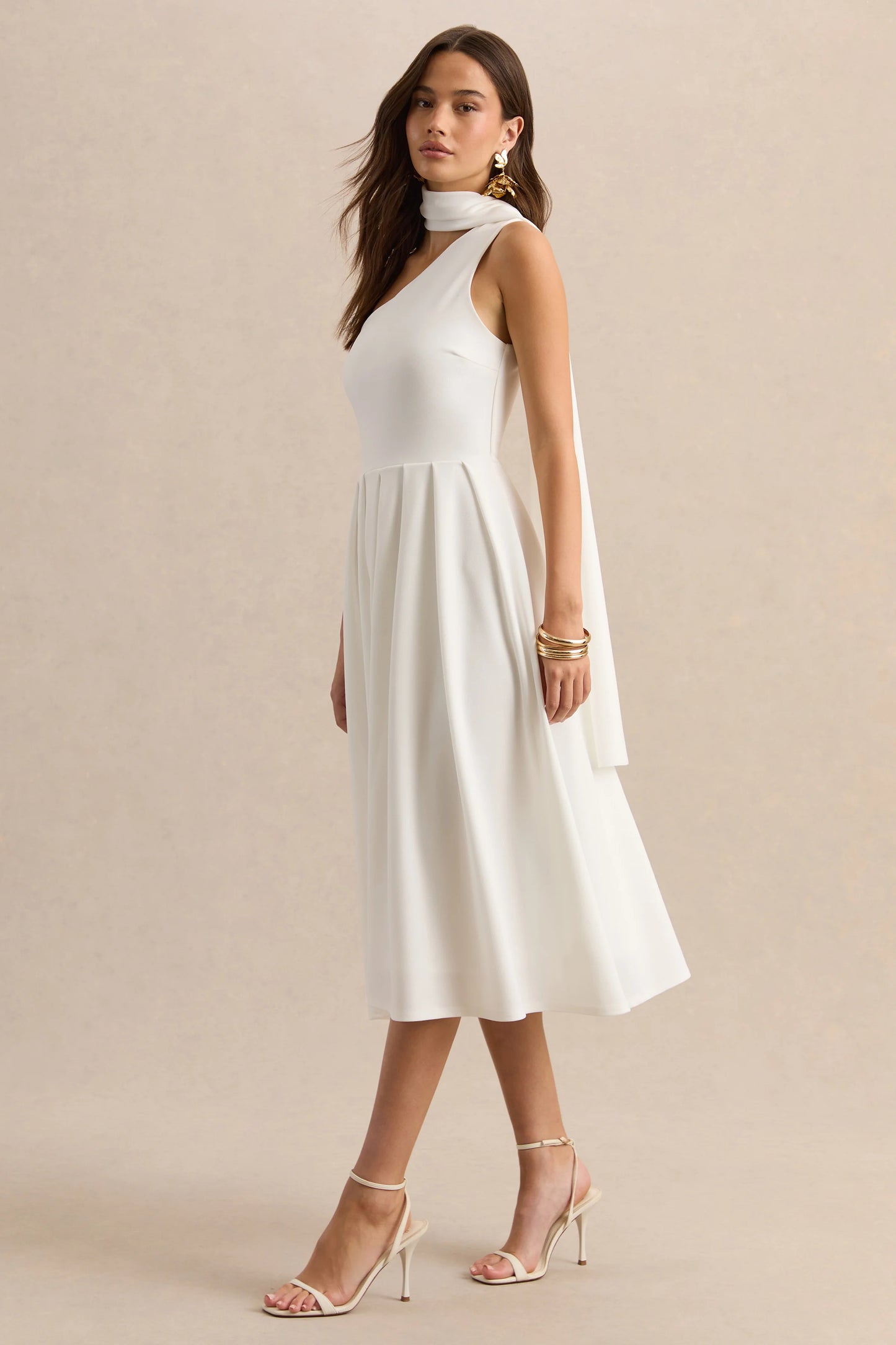 Odette White Asymmetric-Neck Midi Dress With Scarf