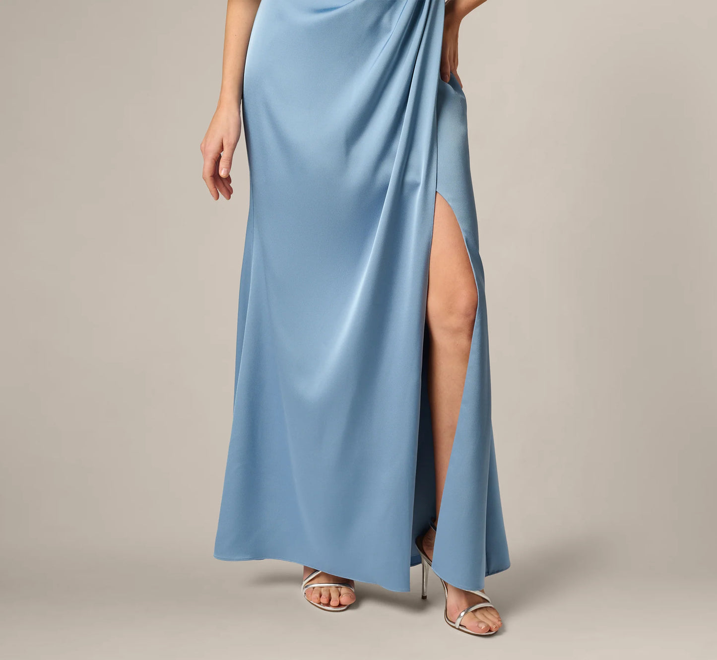 Crepe Back Satin One Shoulder Long Dress In Blue Cloud