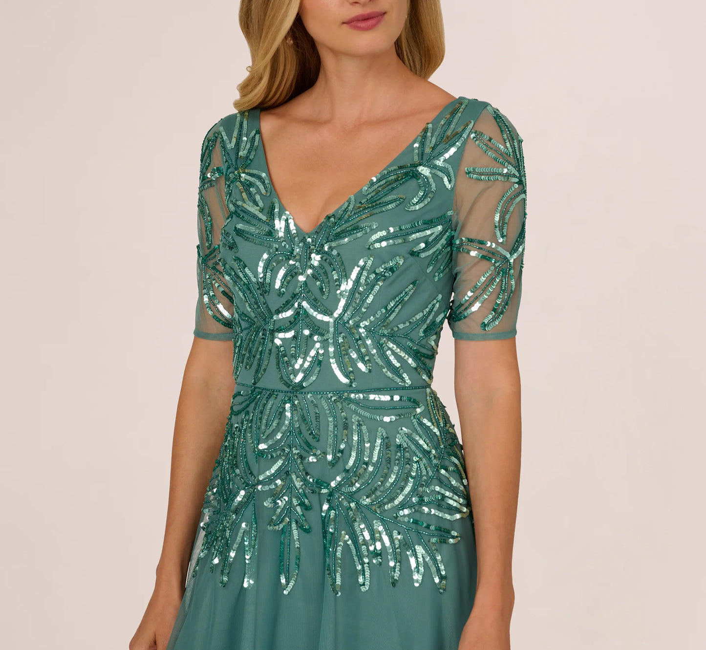 Beaded Mesh Long Dress In Green Slate