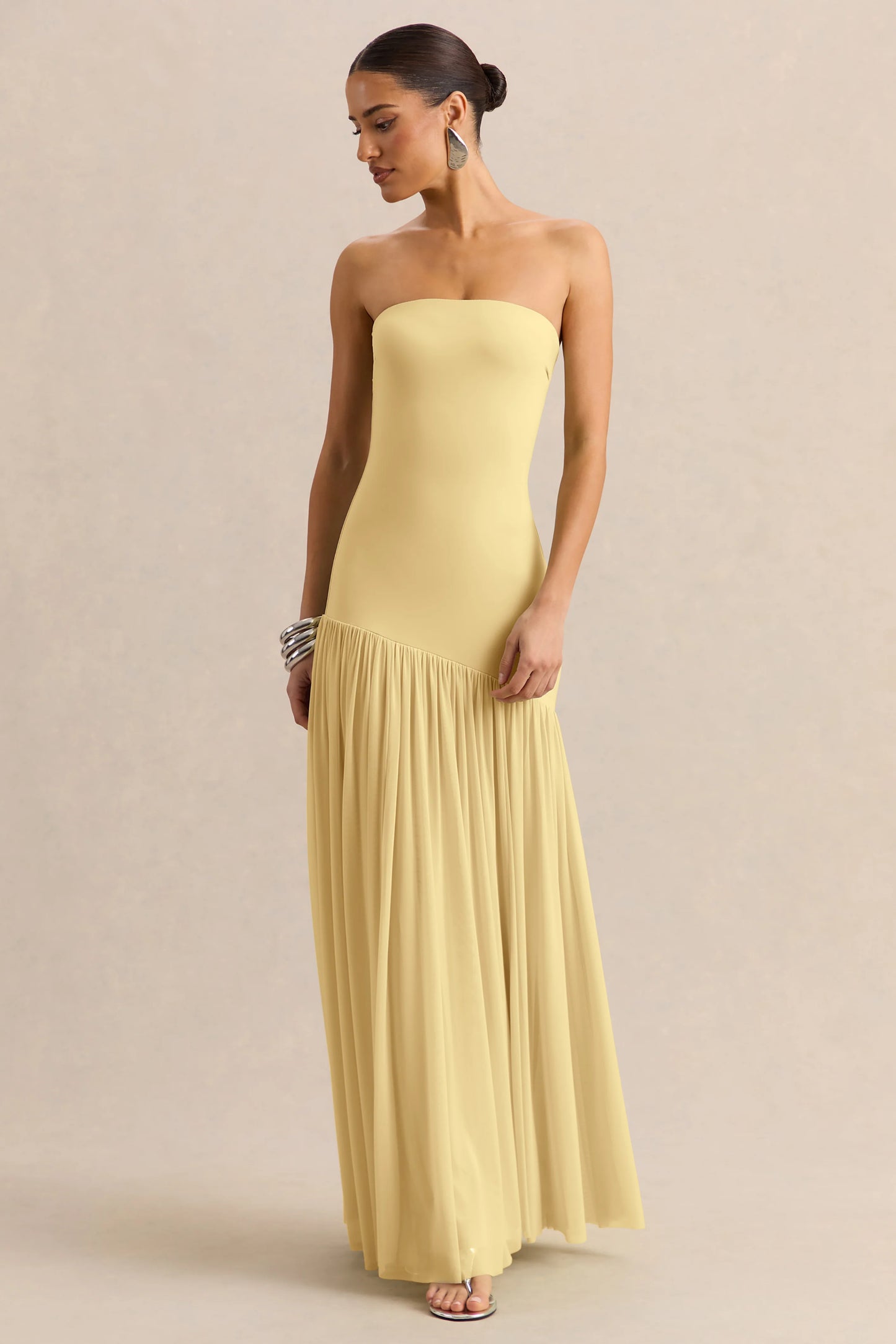 Bambi Lemon Bandeau-Neck Maxi Dress With Scarf-Detail