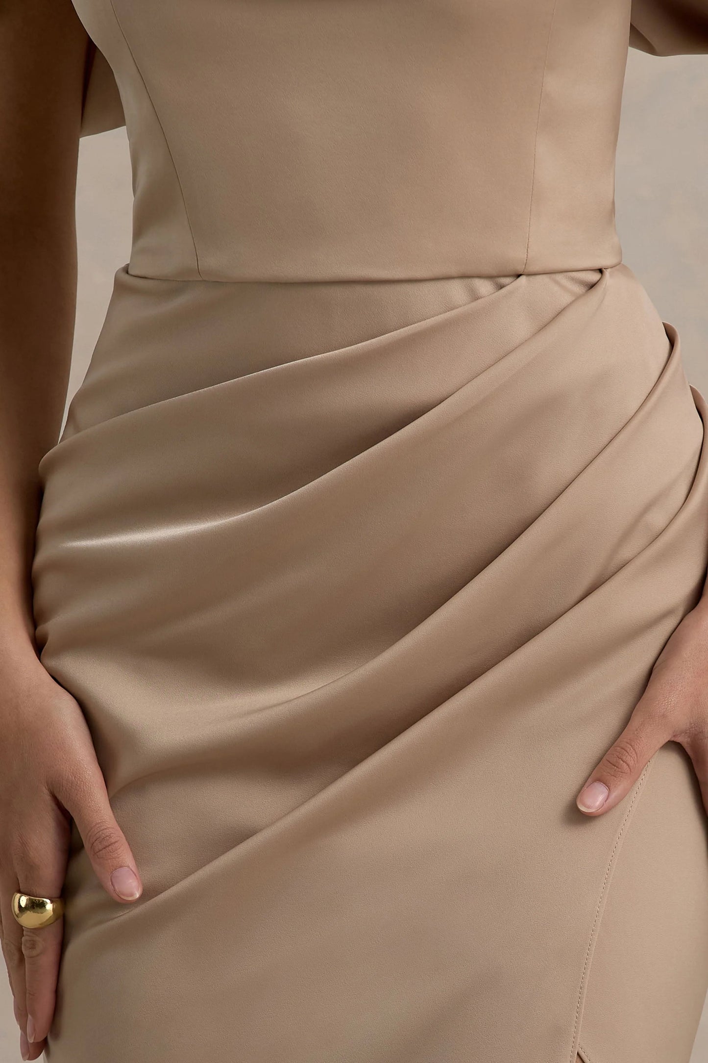 Annie Champagne Satin Bardot Maxi Dress With Split Wrap Skirt
