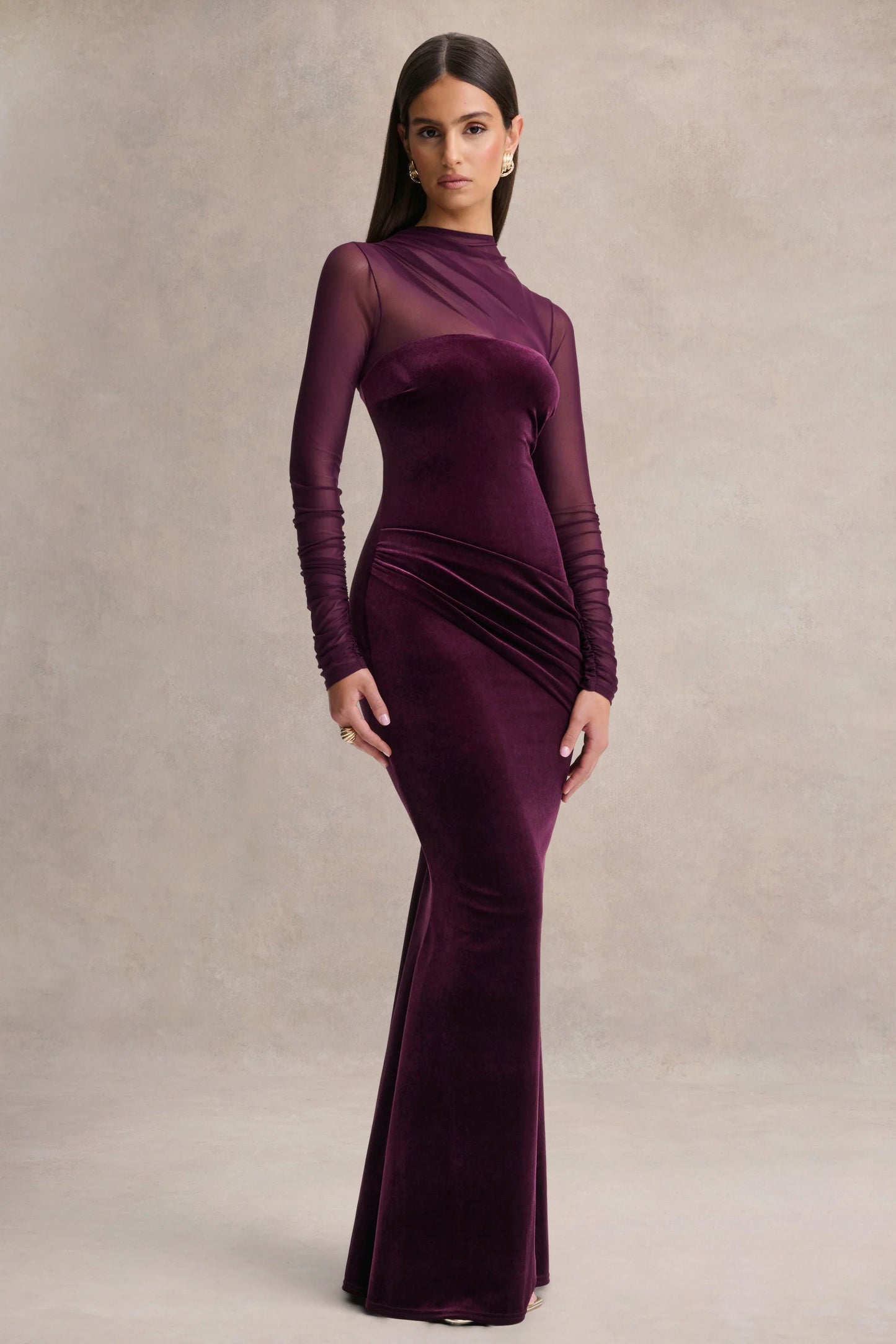 Cambria Plum Velvet High-Neck Maxi Dress With Draped-Detailing