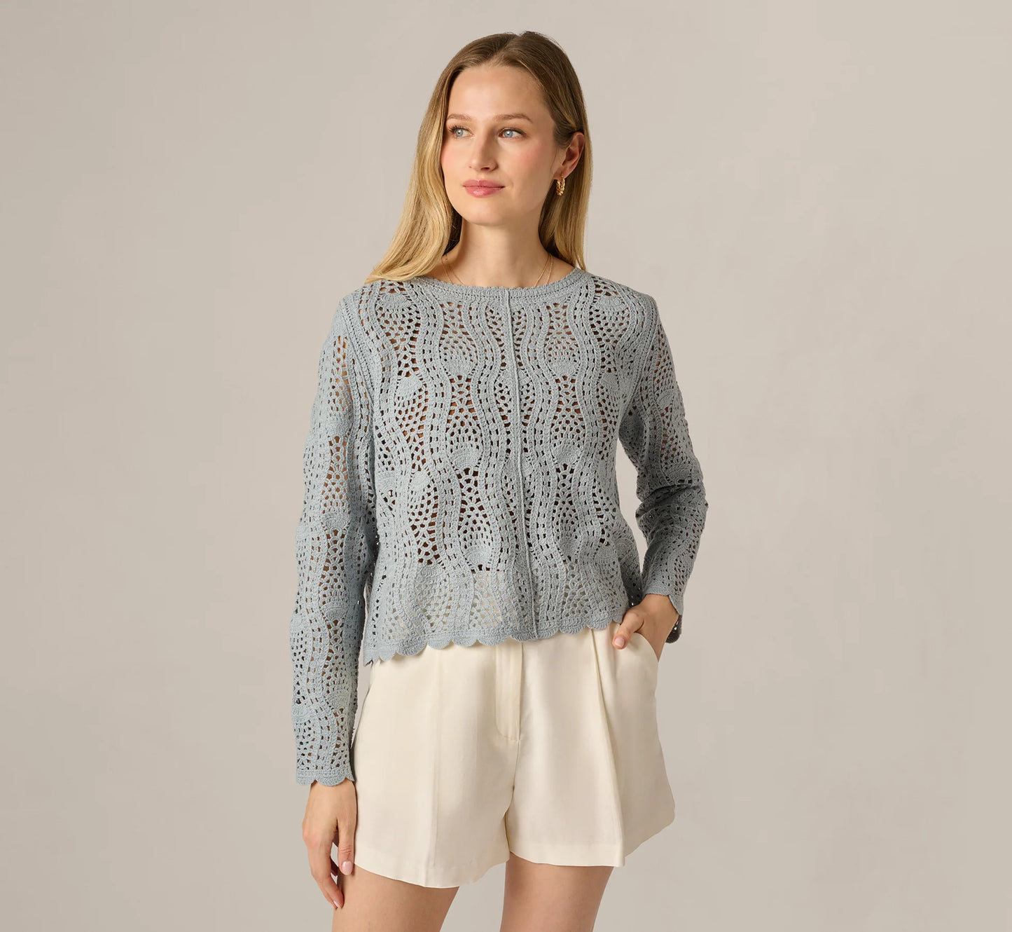 Long Sleeve Open Crochet Sweater In Soft Cloud