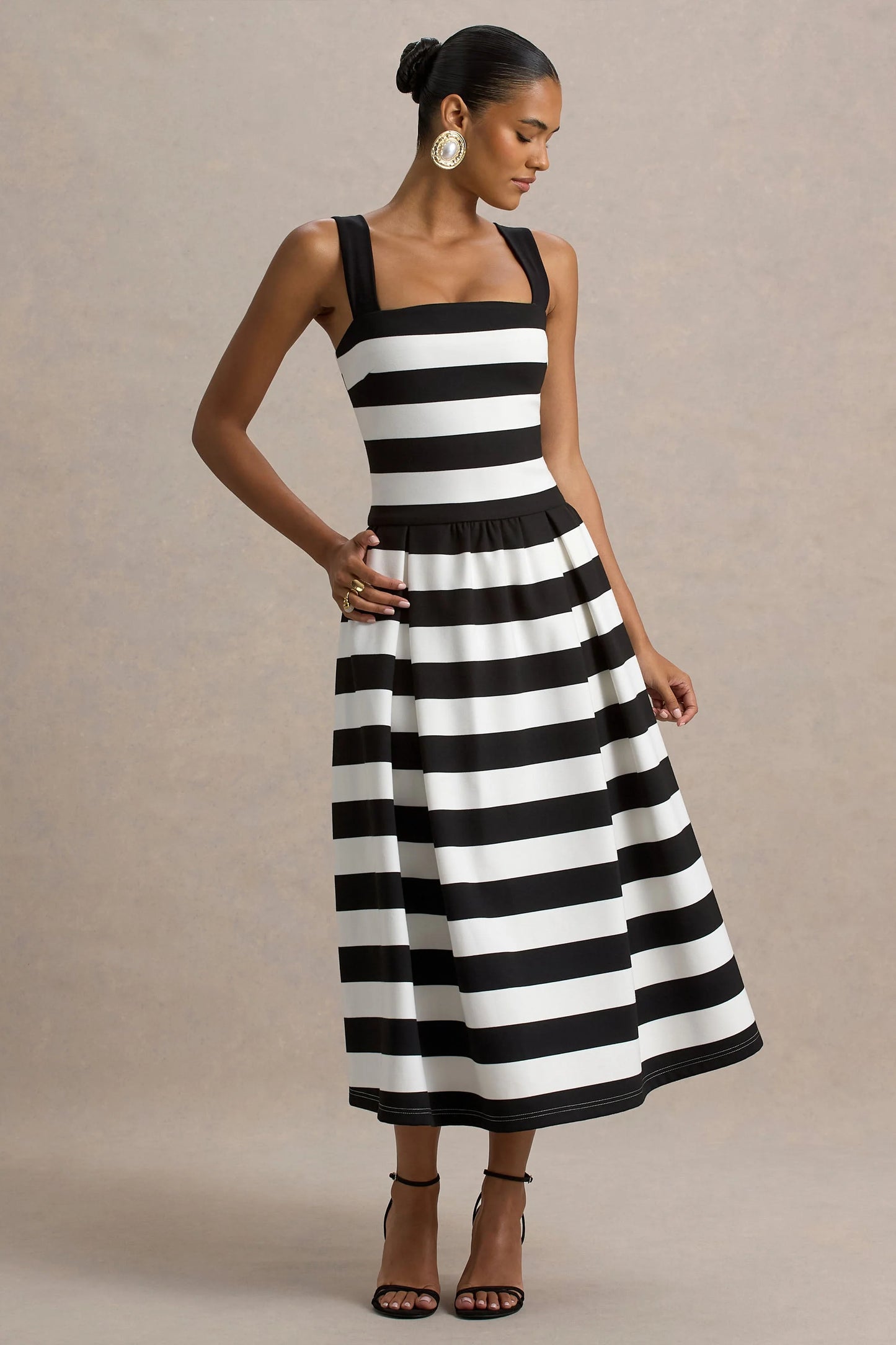 Monte Carlo Black & White Striped Square-Neck Drop-Waist Midi Dress