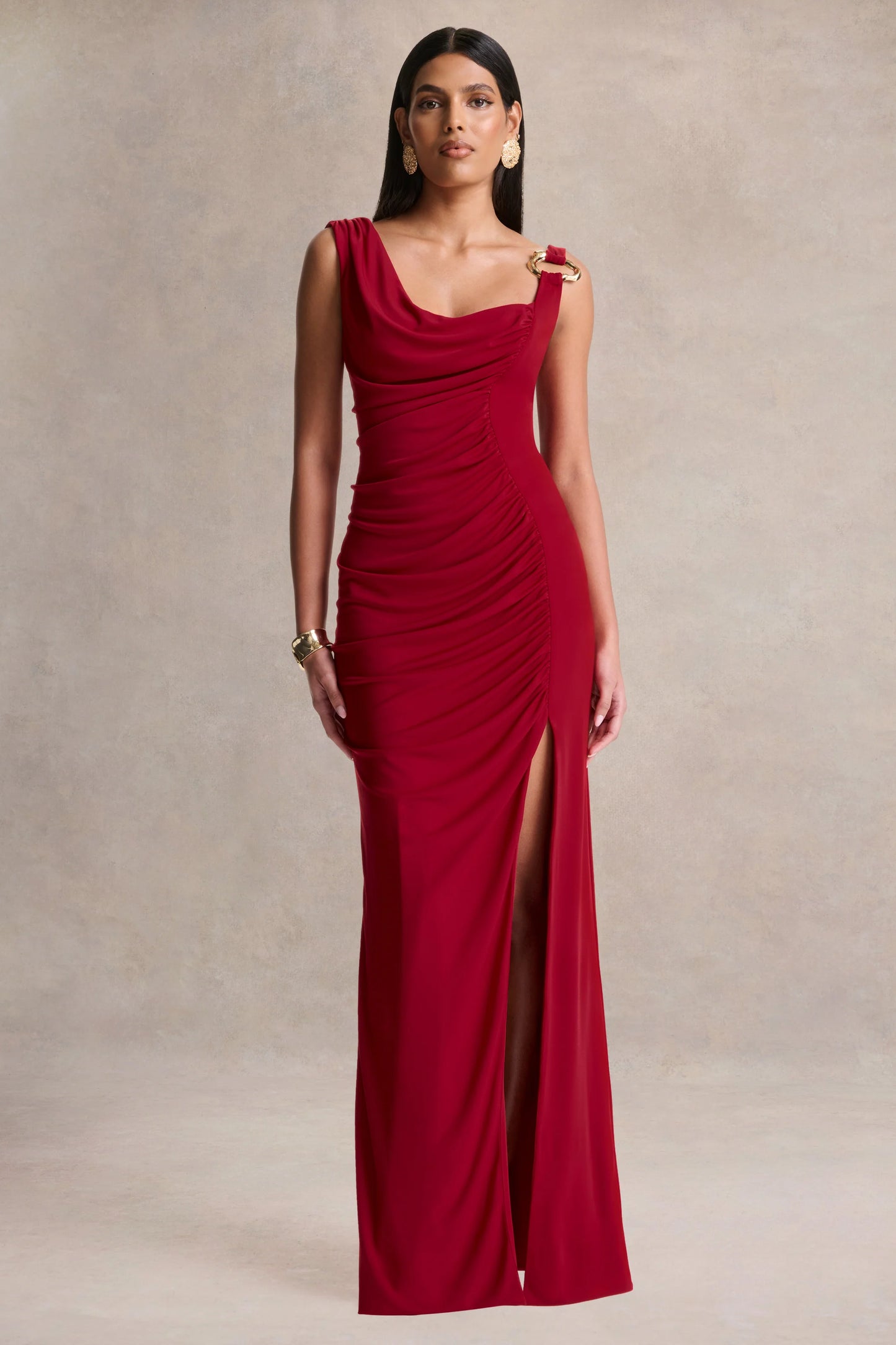 Vesperelle Red Scoop-Neck Maxi Dress With Gathered-Detailing