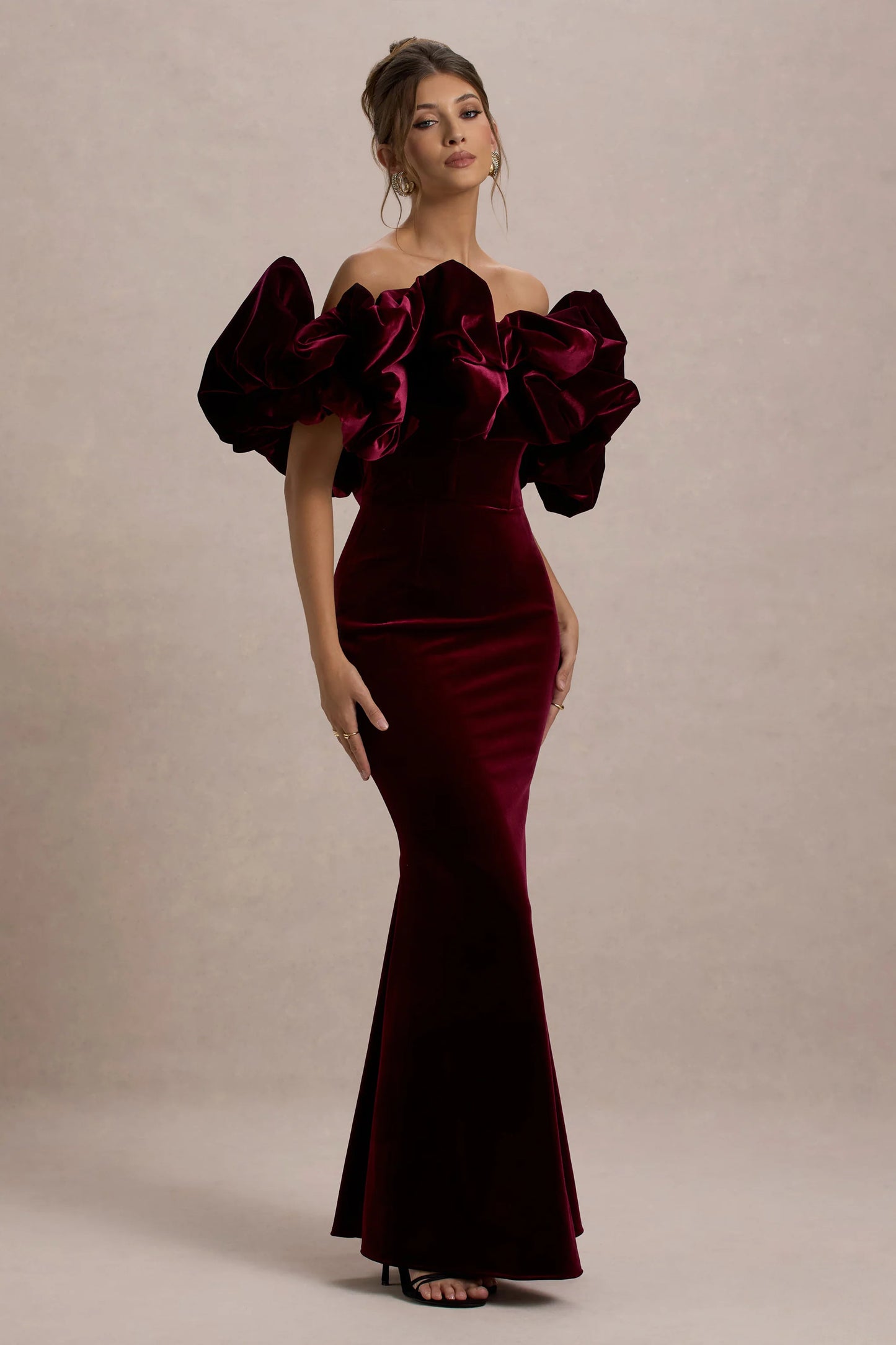 Cecily Port Velvet Bardot Maxi Dress With Velvet Ruffle Trim