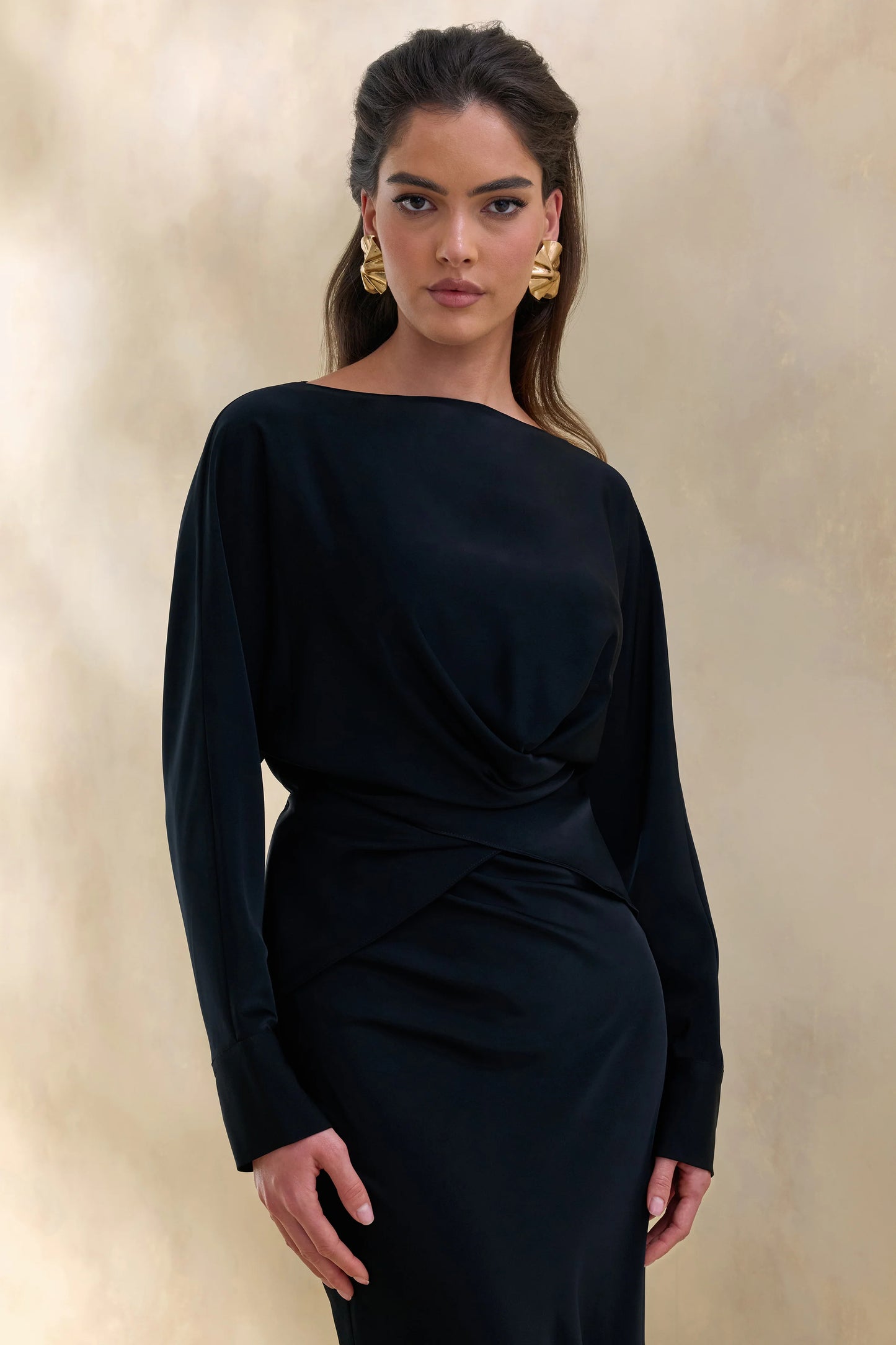 Miravia Black Satin Wide-Neck Long-Sleeve Top