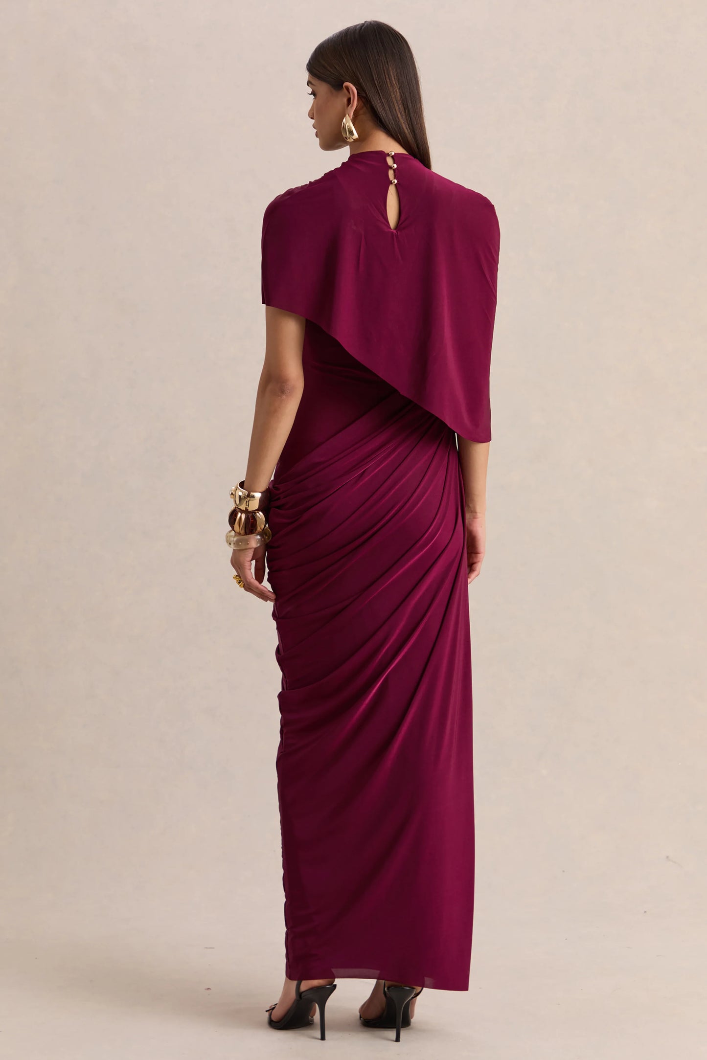 Lunaline Burgundy High-Neck Maxi Dress With Asymmetric Cape And Draped-Detailing