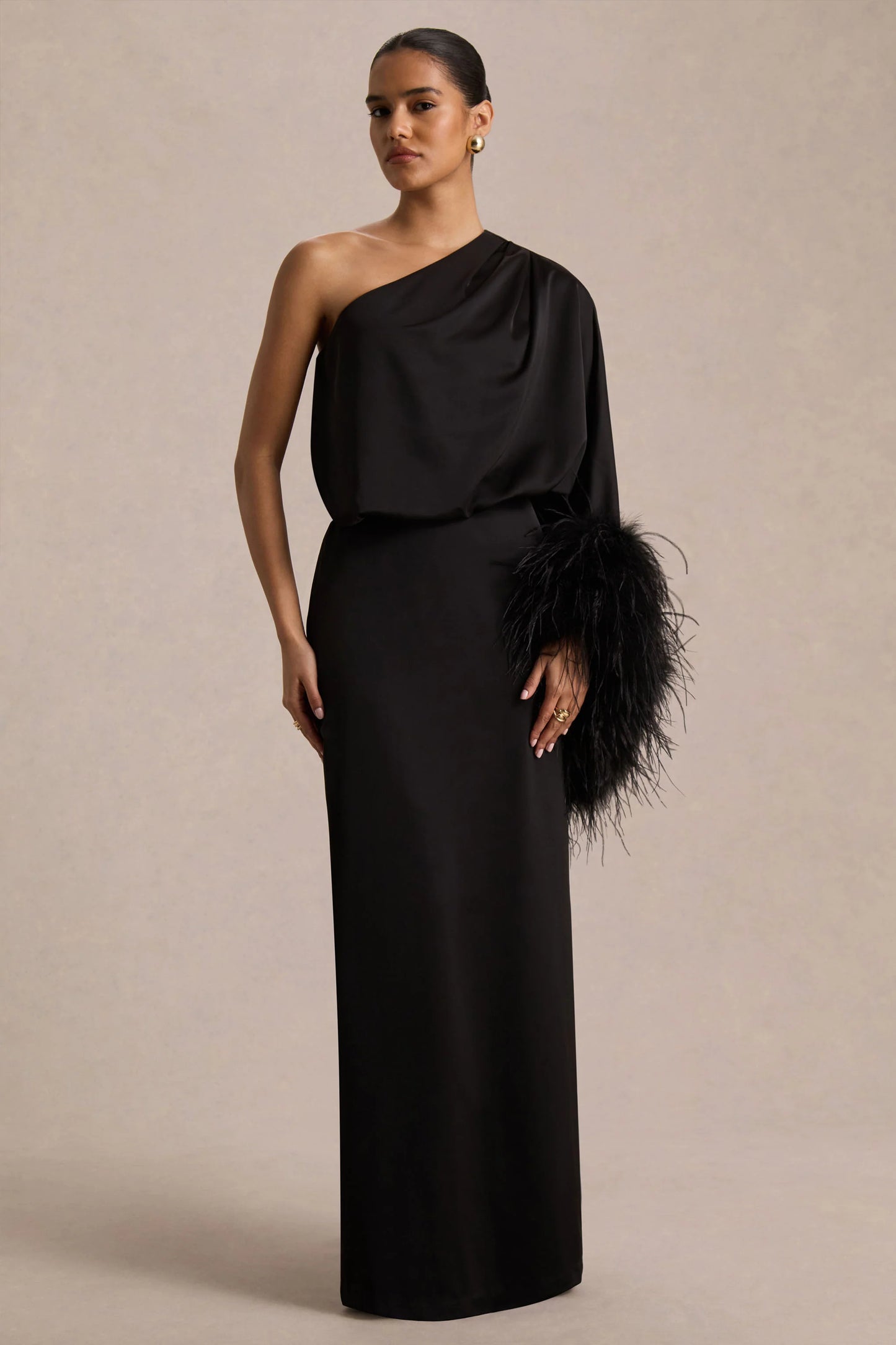 Felicity Black Satin Asymmetric-Neck Maxi Dress With Feather Detailing