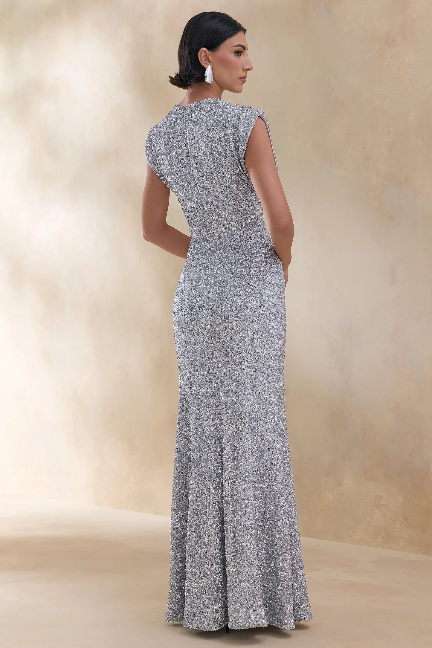 Aurah Silver Sequin Crew-Neck Maxi Dress With Cap Sleeves
