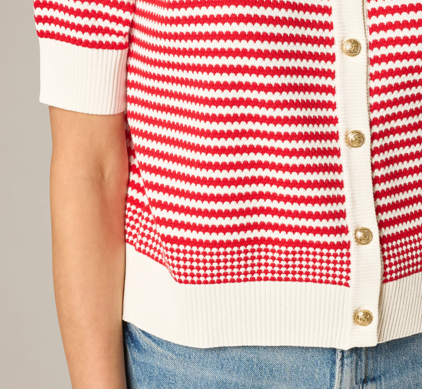 Short Sleeve Metallic Button Cardigan Sweater In Ivory Red