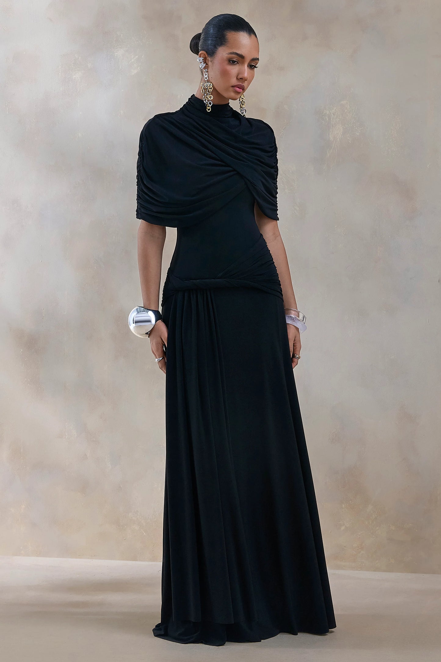 Evelisse Black High-Neck Maxi Dress With Short-Cape Sleeves