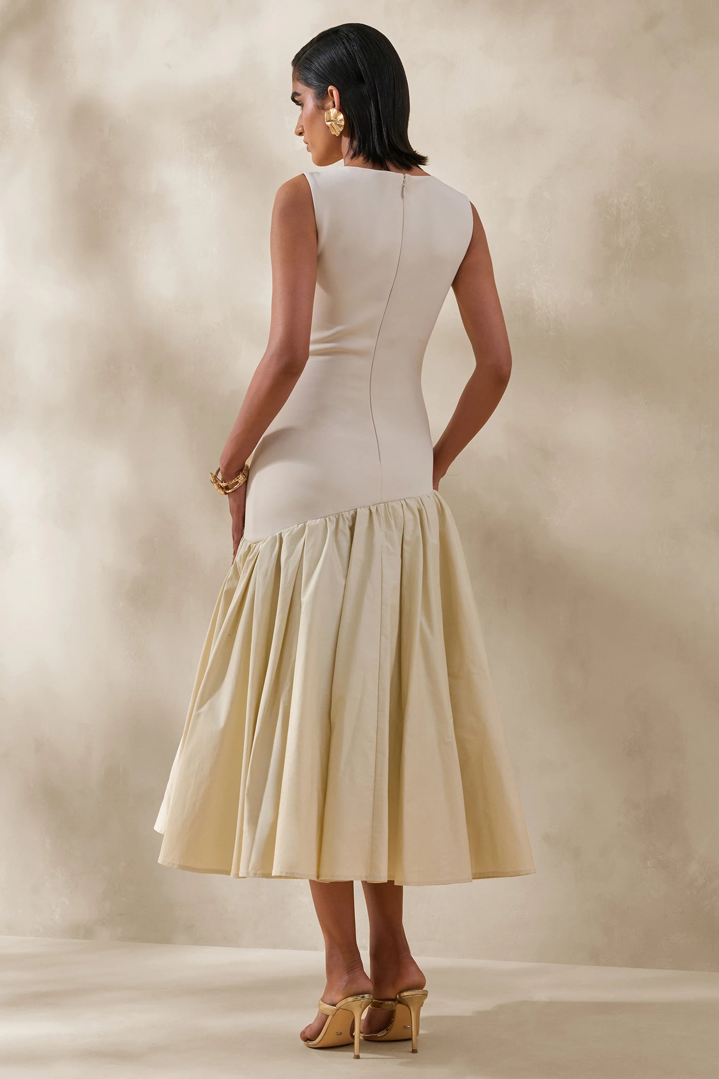 Fantasia Cream Boat-Neck Midi Dress With Asymmetric Drop-Waist