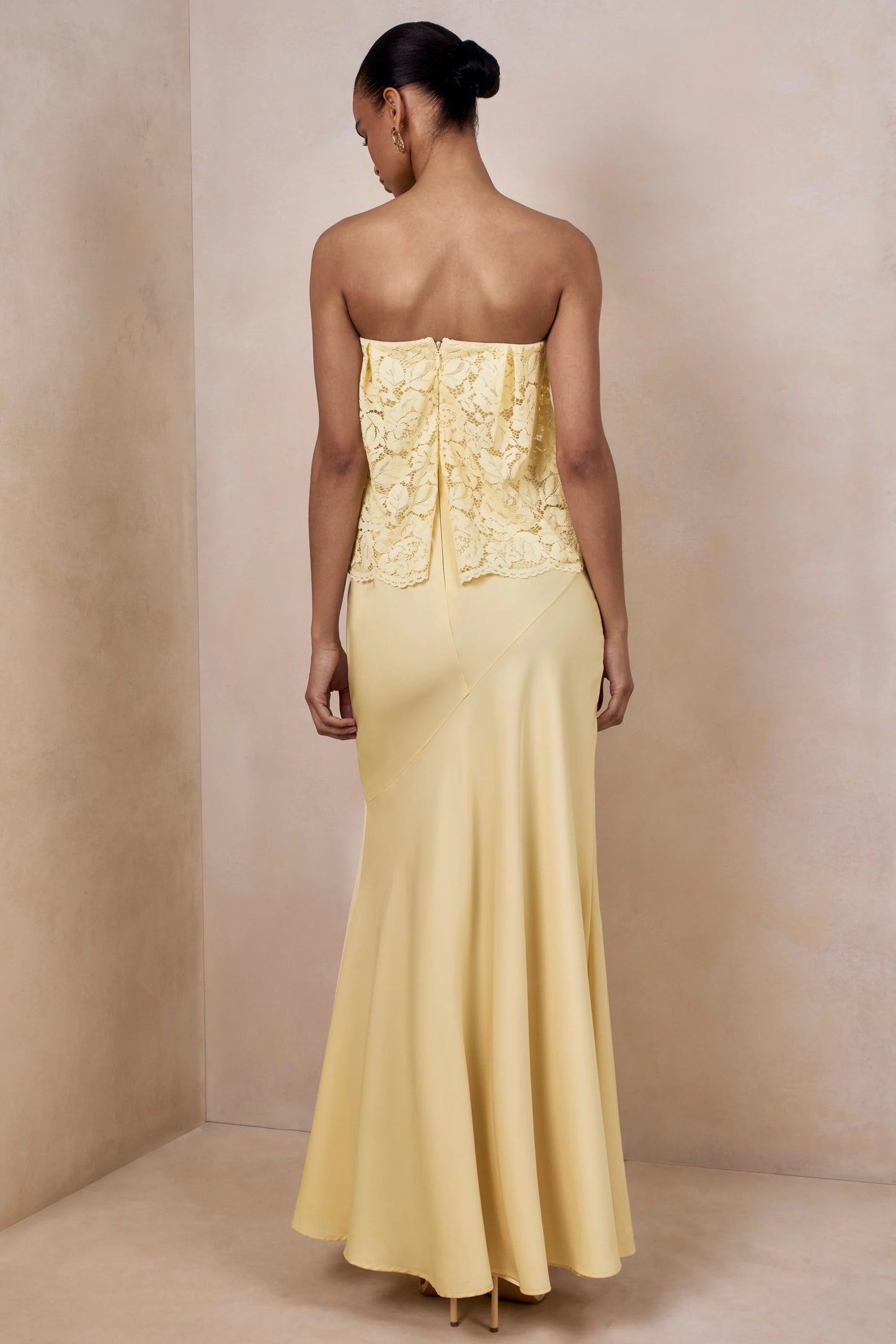 Clemency Lemon Lace And Matte Satin Bandeau Maxi Dress