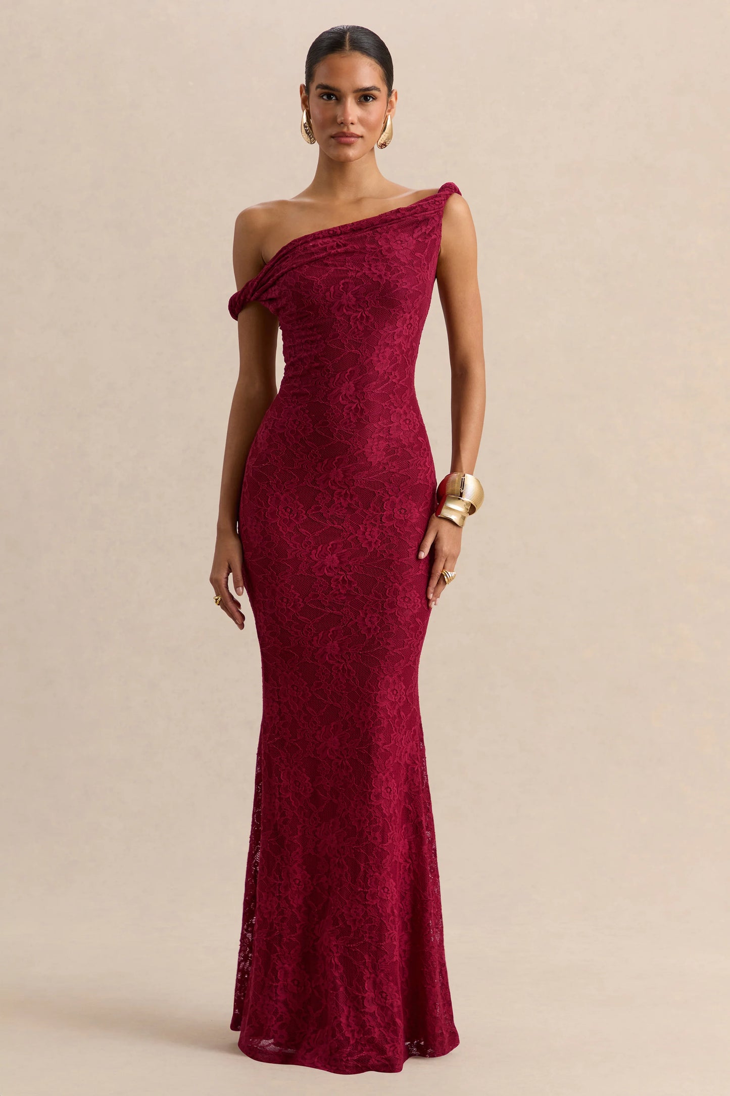 Afina Burgundy Lace Asymmetric-Neck Maxi Dress