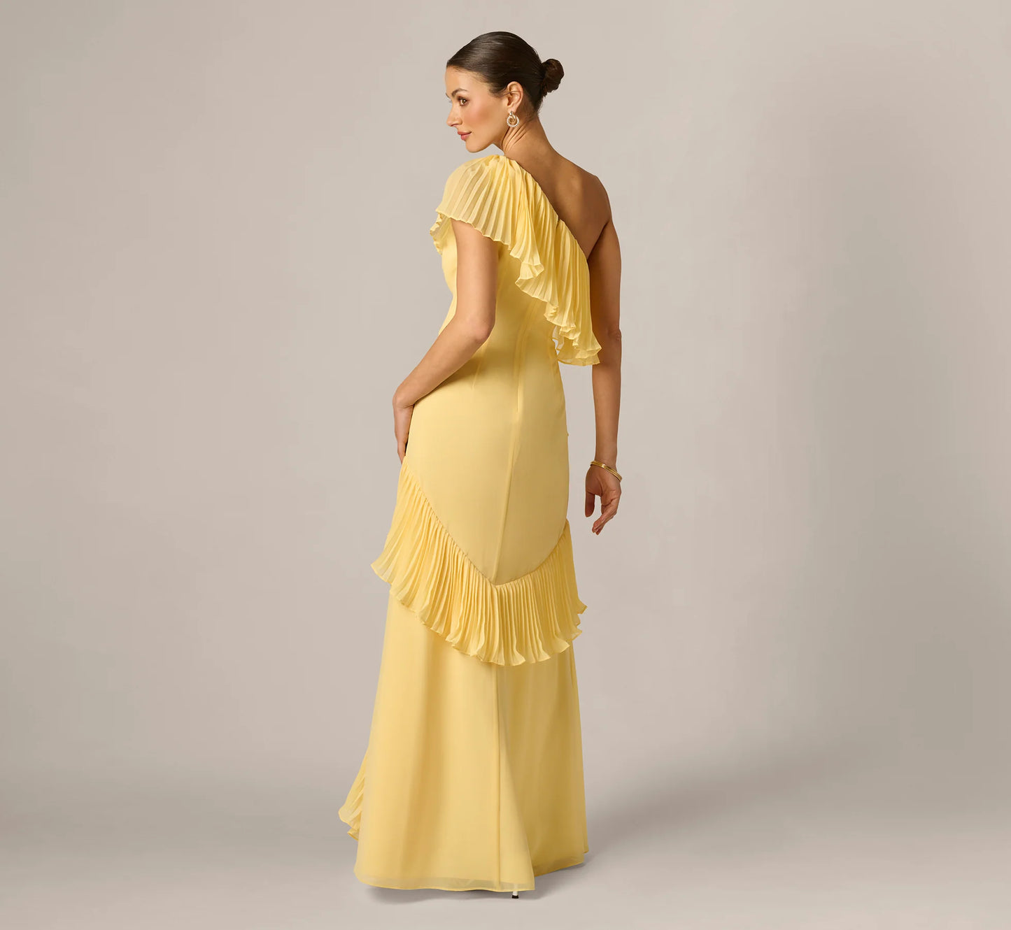 One Shoulder Pleated Flounce High Low Gown In Butter Yellow