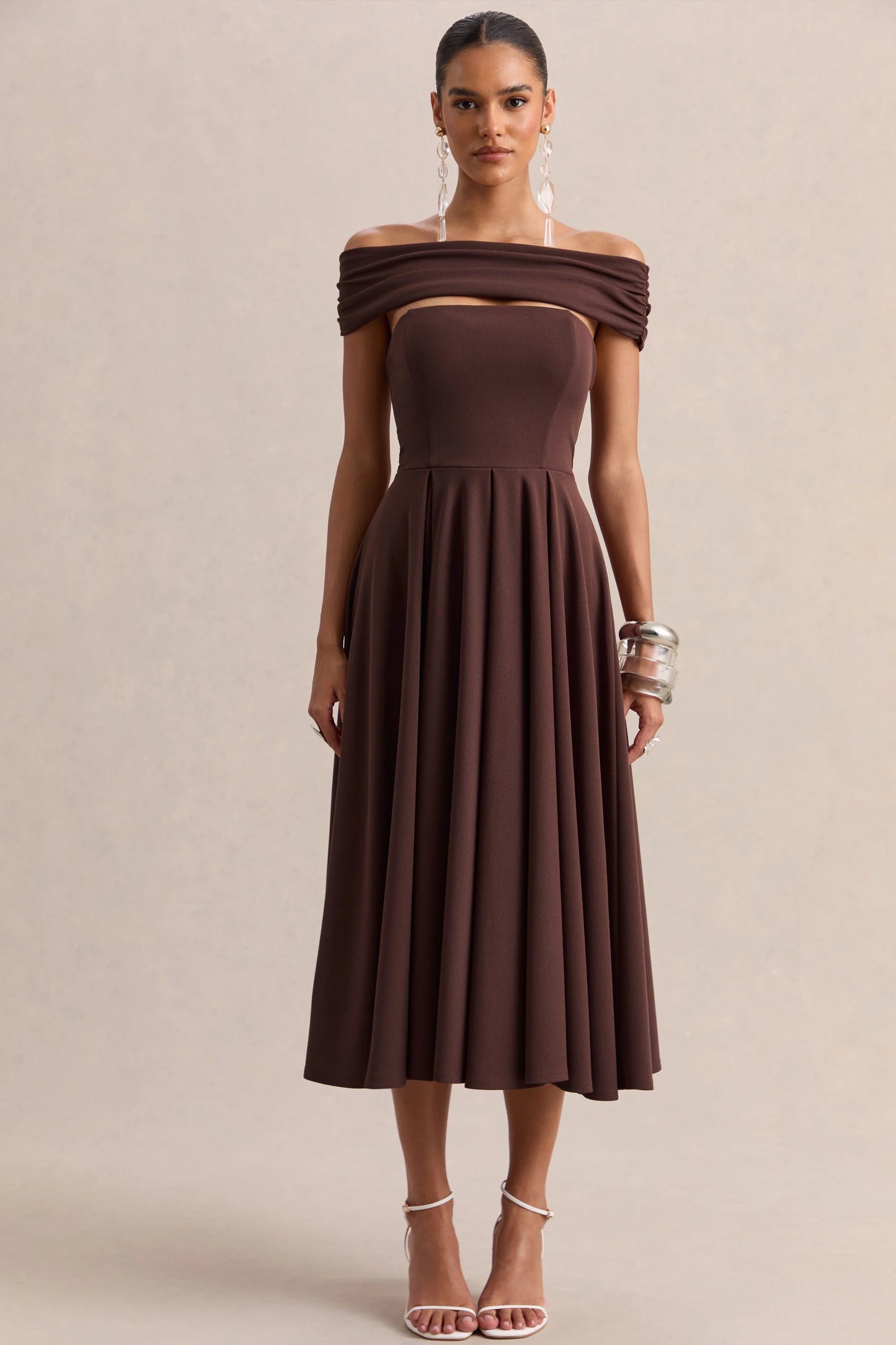 Mavina Brown Bardot-Neck Midi Dress
