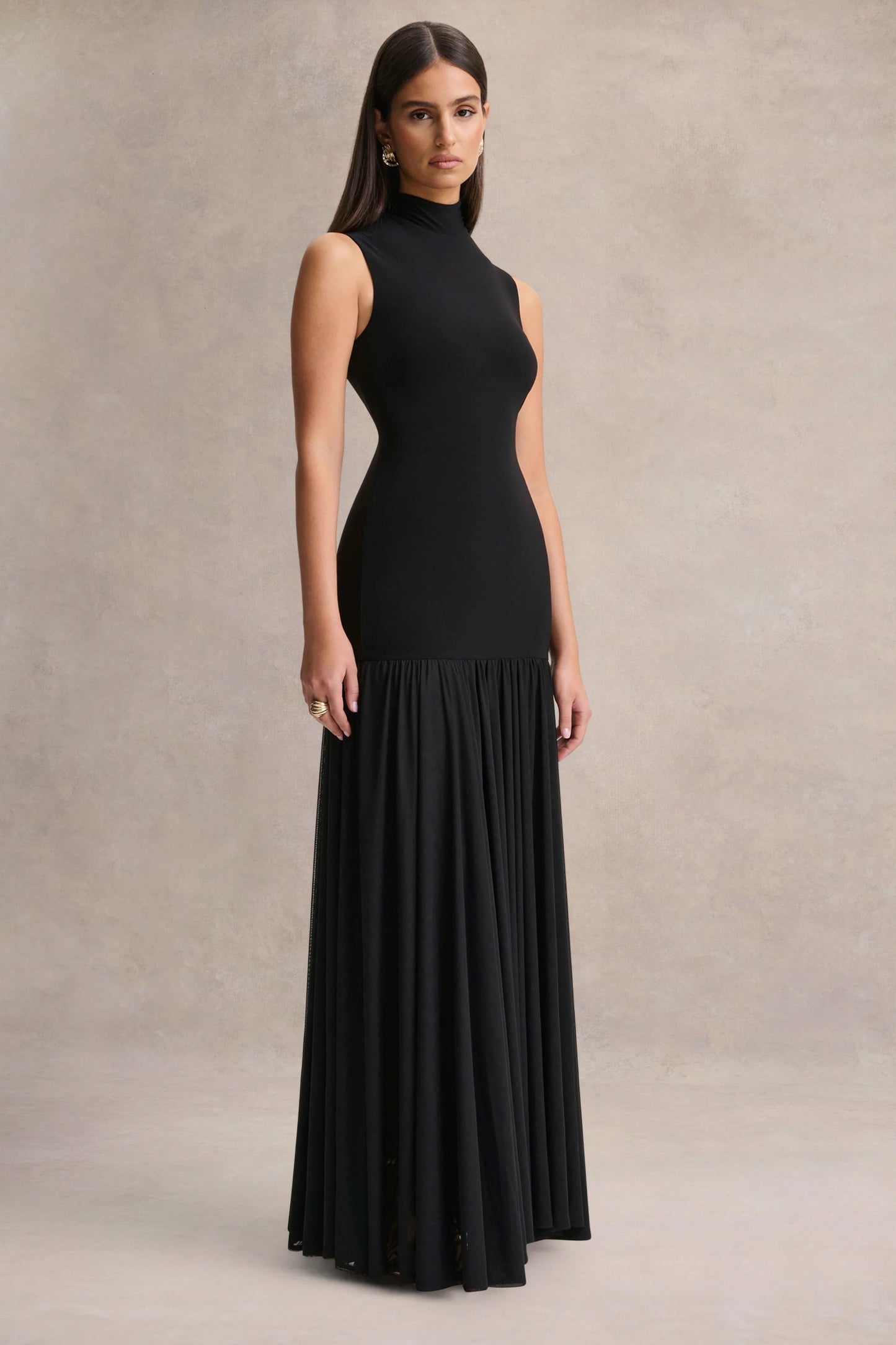 Gigi Black High-Neck Maxi Dress With Drop-Waist And Sheer Skirt