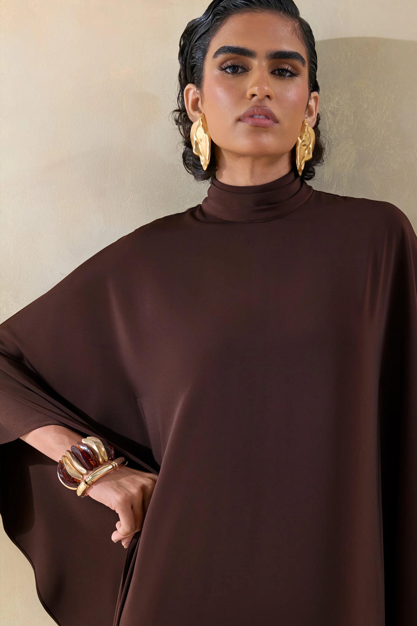 Lumisette Brown Satin High-Neck Maxi Dress With Cape