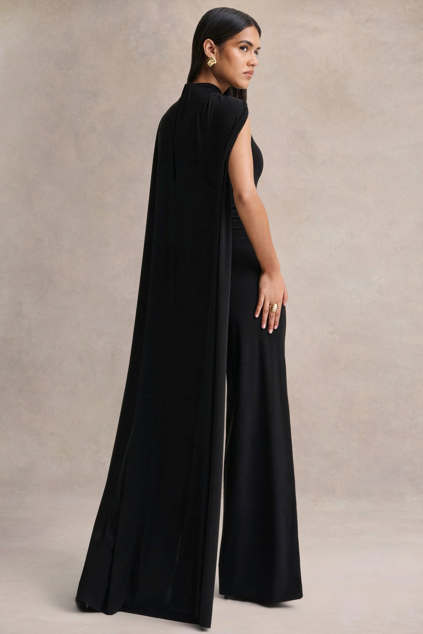 Seema Black High-Neck Jumpsuit With Cape