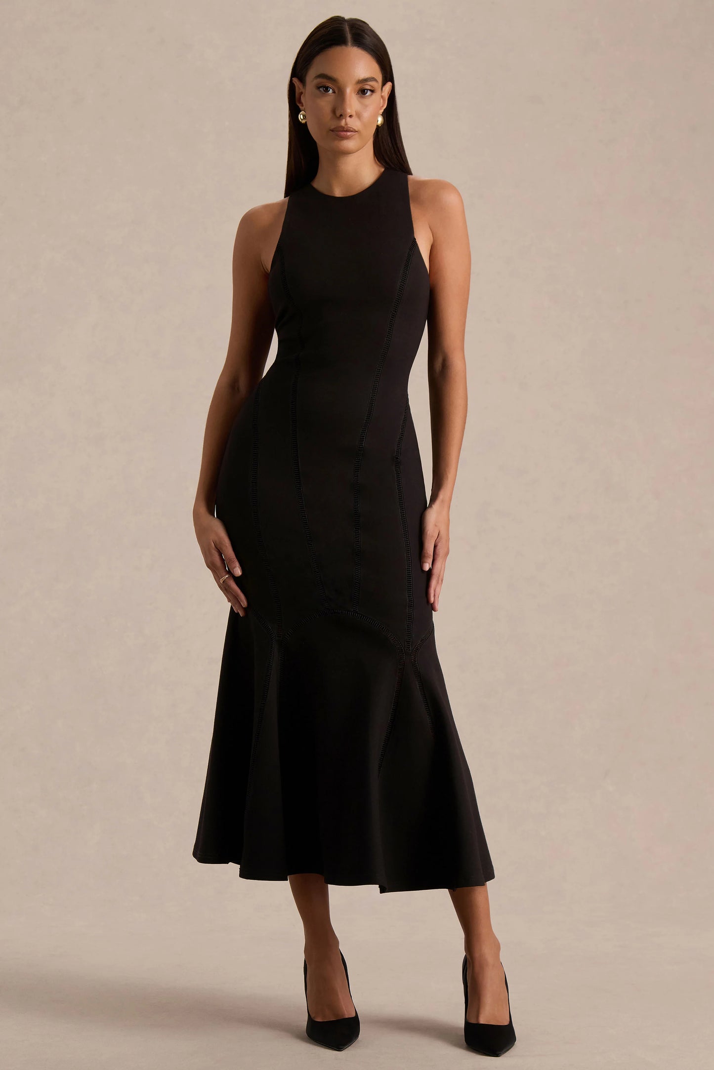 Sally Black Crew-Neck Midi Dress With Drop Waist And Pleated Detailing