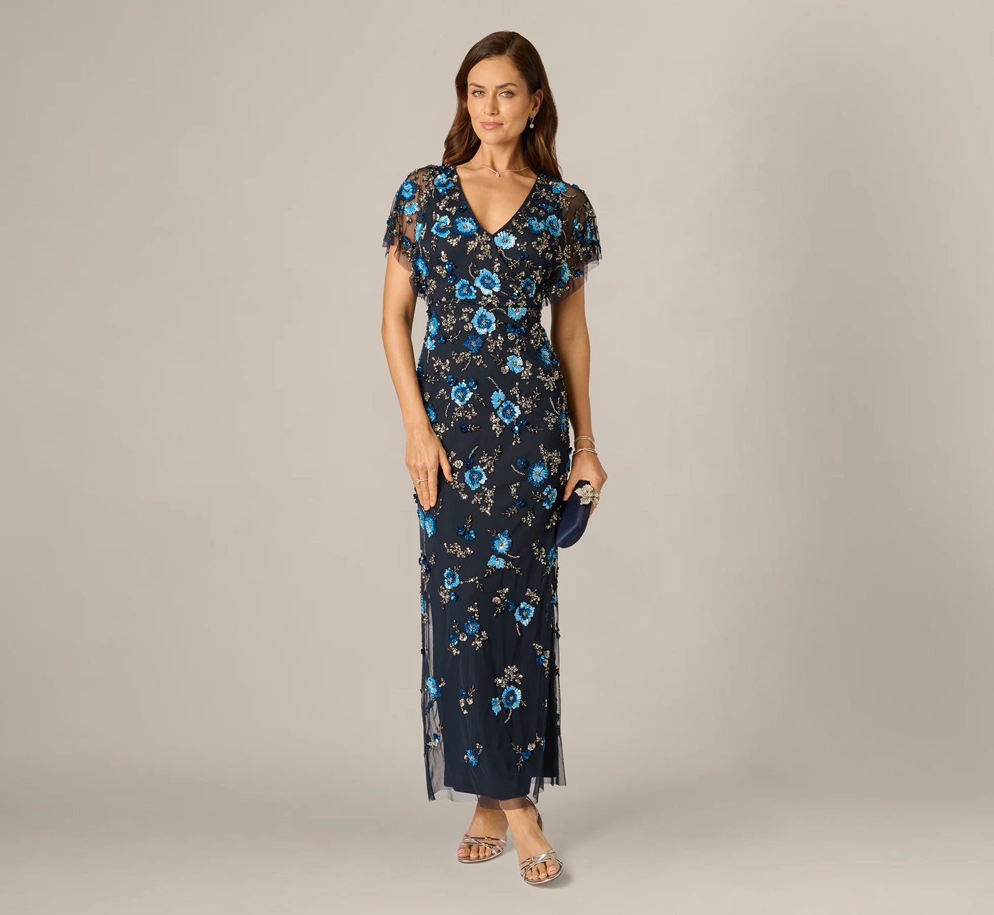 Flutter Sleeve Floral Beaded Column Gown In Midnight Multi