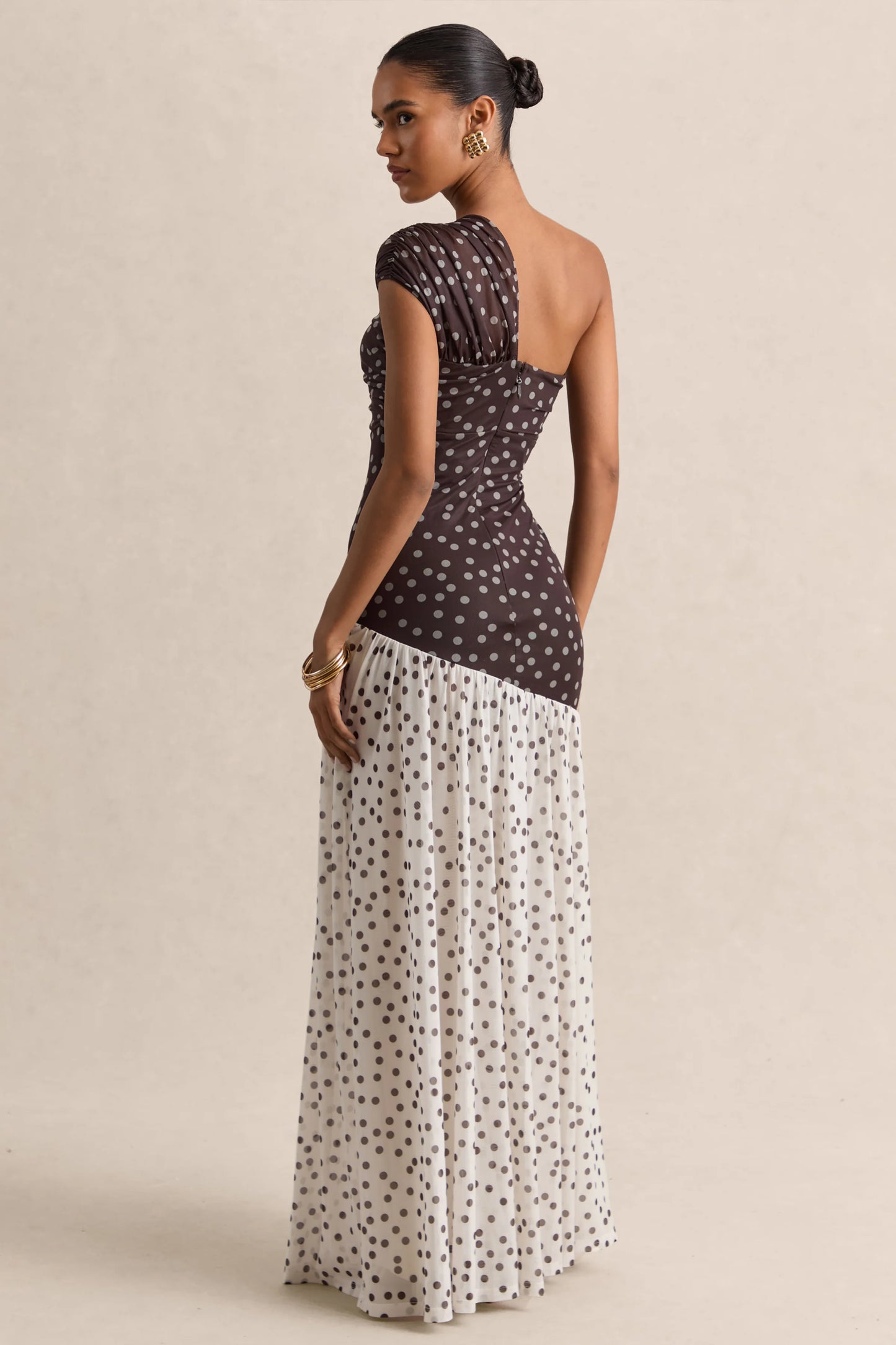 Motira Brown Polka-Dot Asymmetric-Neck Maxi Dress With Asymmetric Drop-Waist