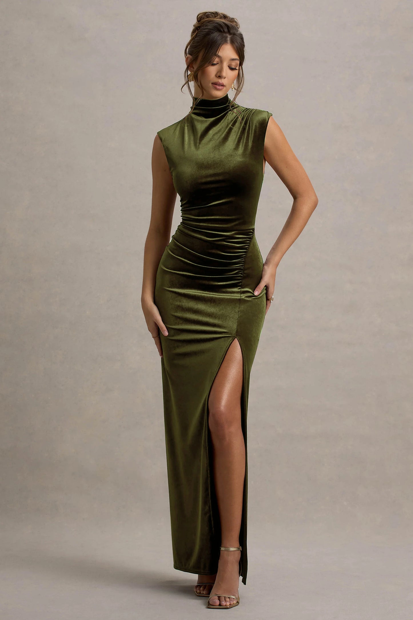 Abilene Olive Velvet High-Neck Split Maxi Dress