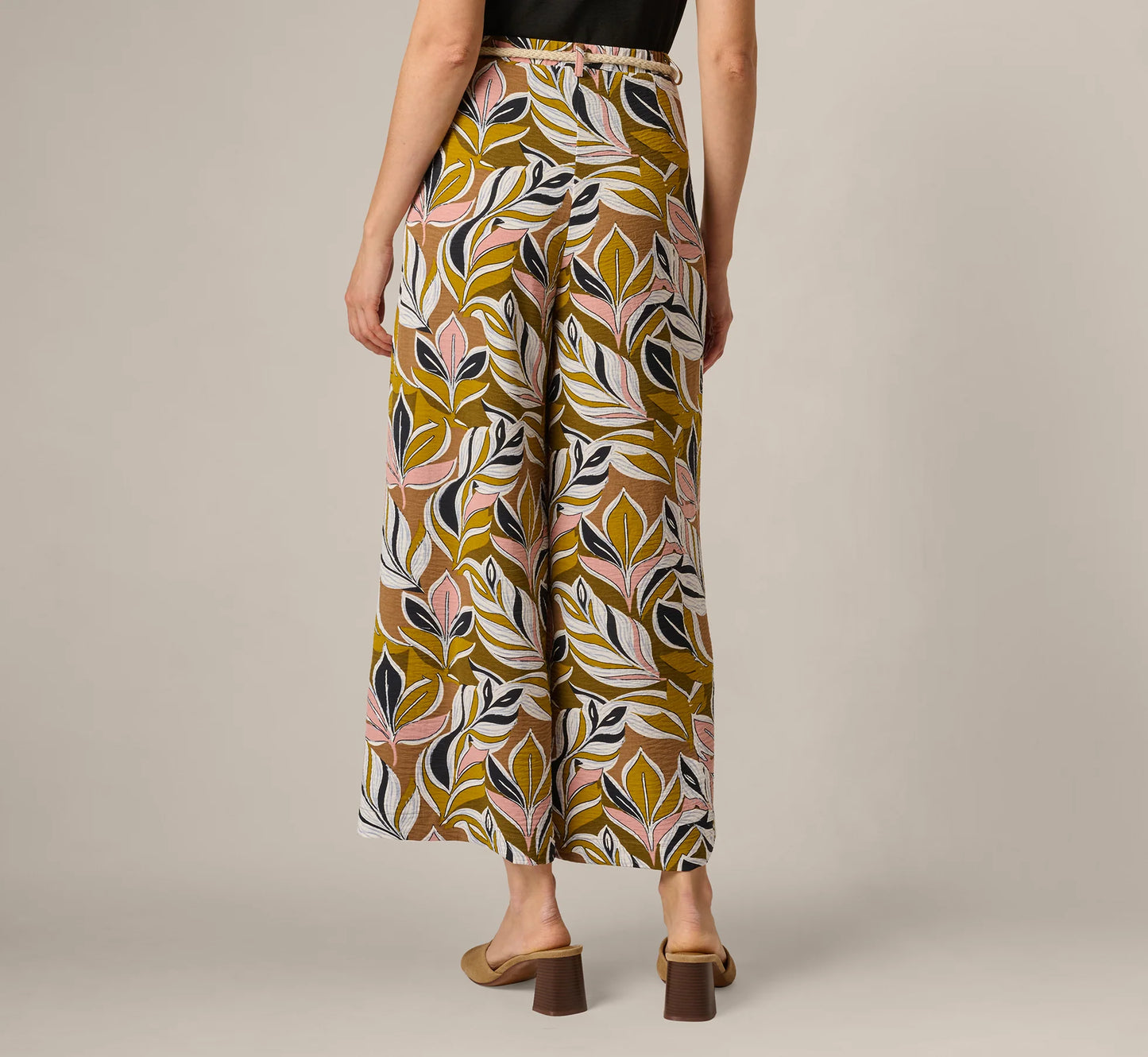 Wide Leg Rope Belt Pants In Amber Green Brushed Leaf