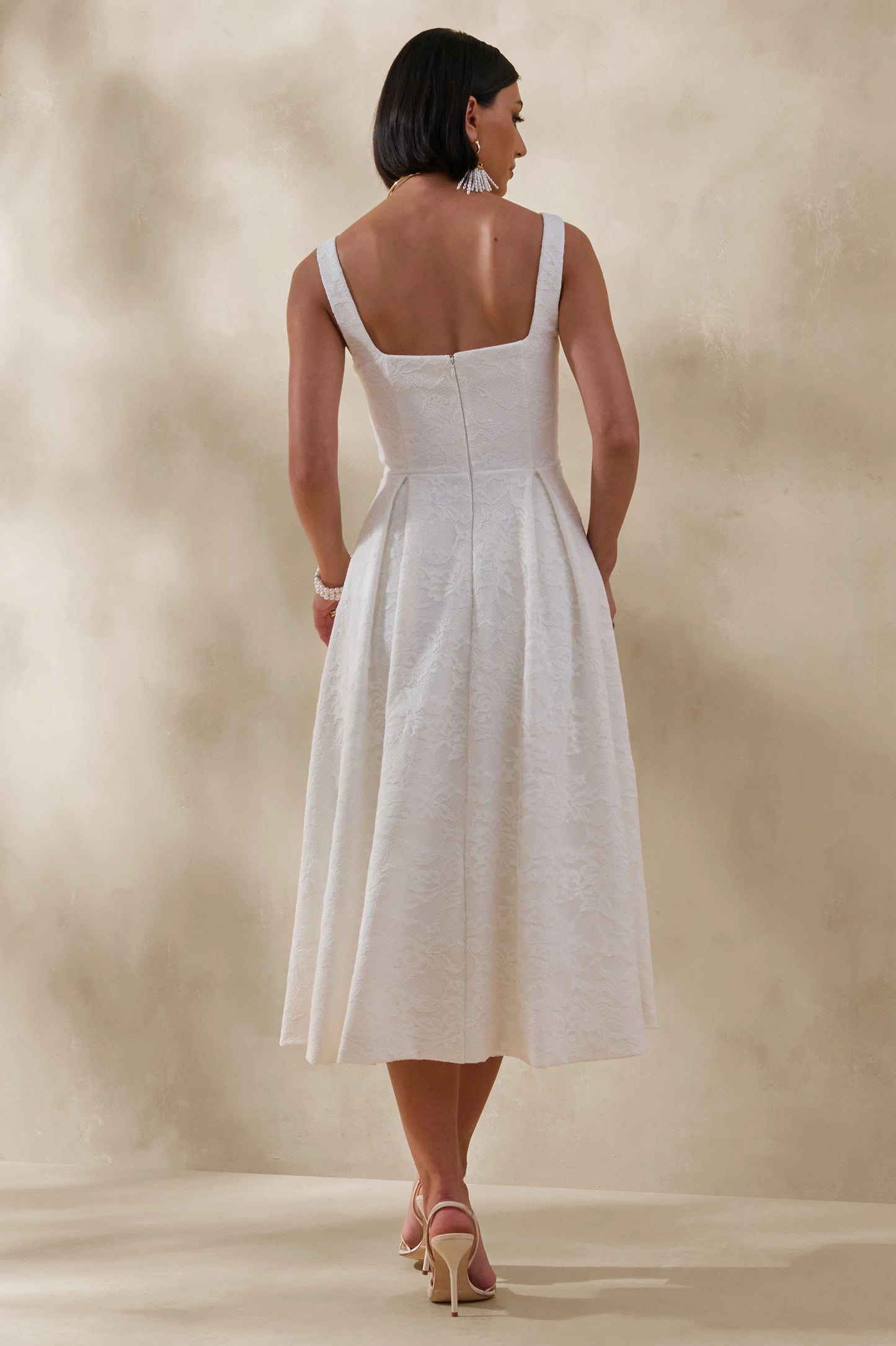 Ashmara White Lace Square-Neck Midi Dress