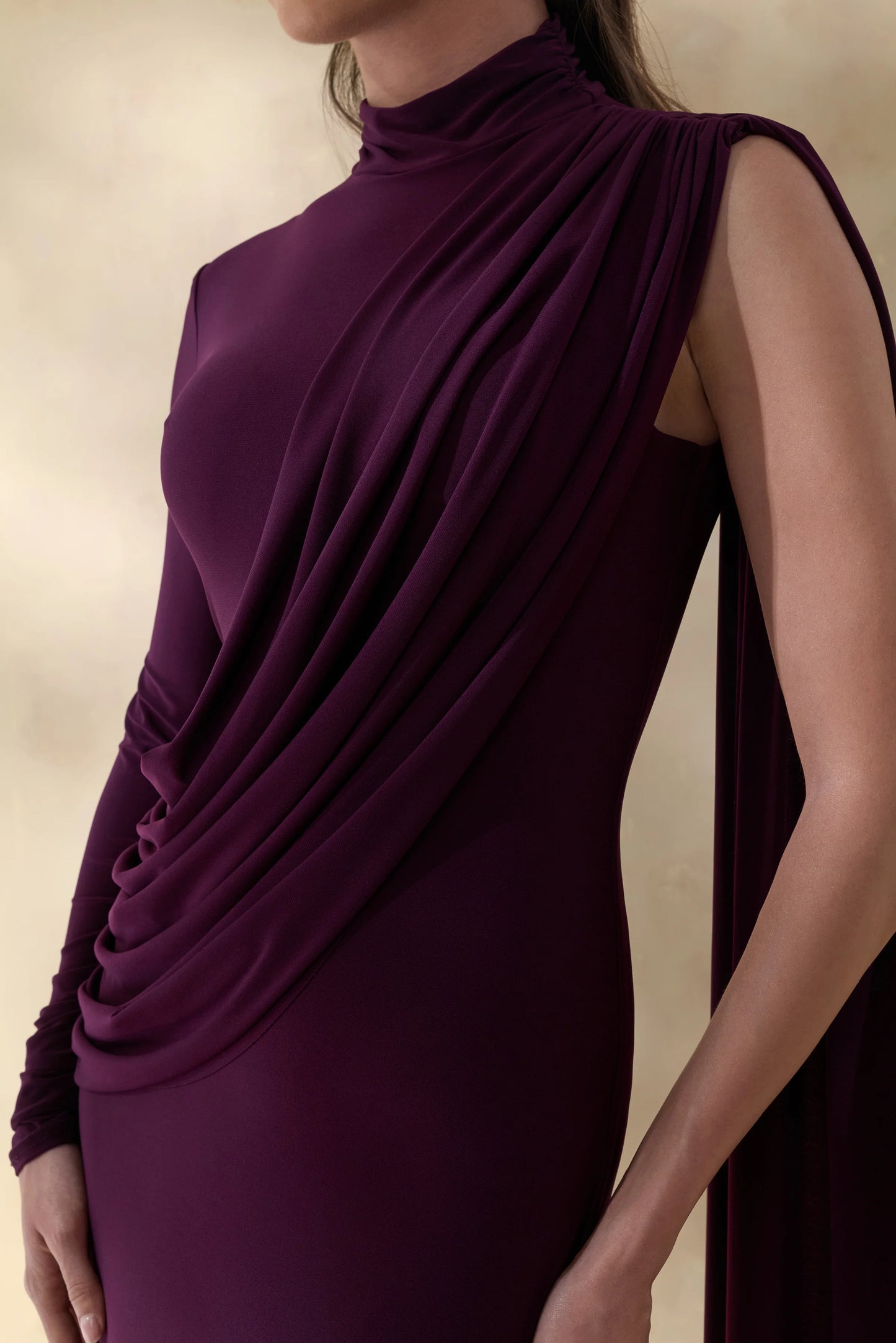 Oliria Dark Plum High-Neck Maxi Dress With One-Long Sleeve And Sash-Detail