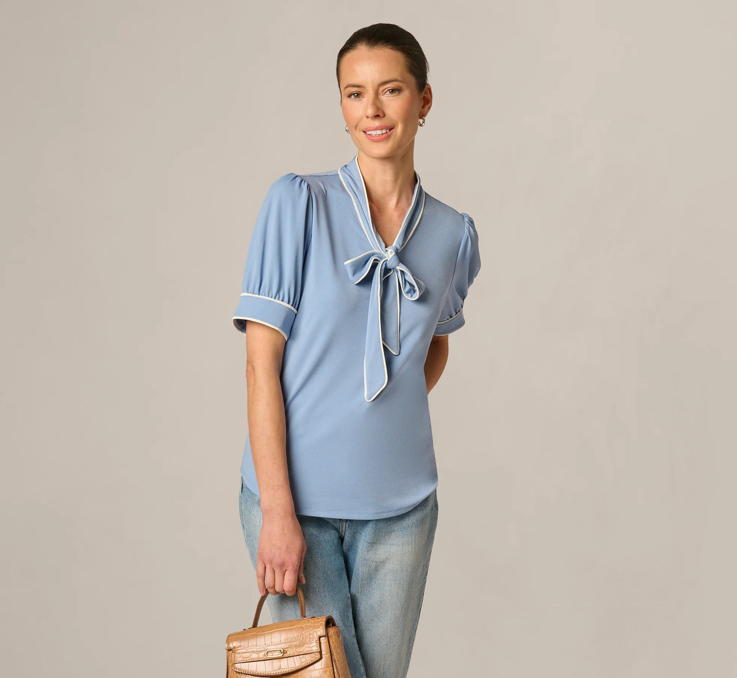 Puff Sleeve Tie Neck Top In Rainwashed Ivory