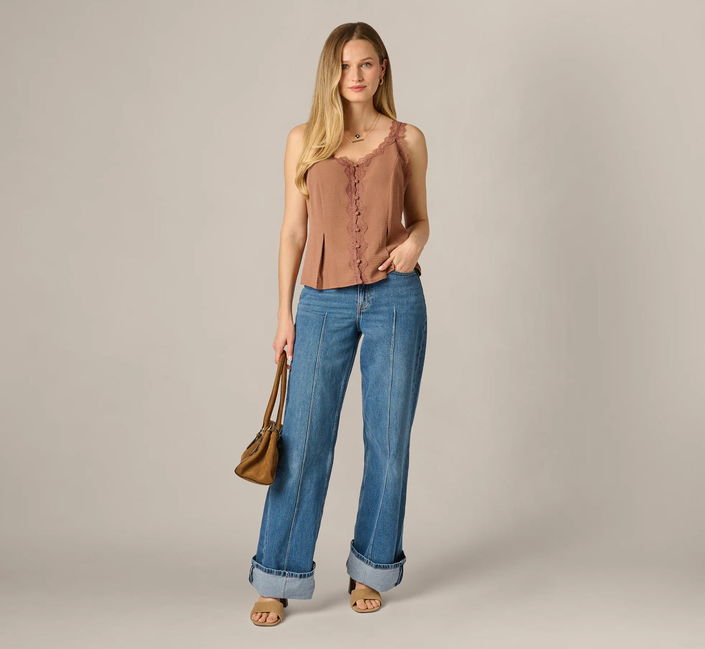 Pleated Lace Trim Tank Top In Acorn