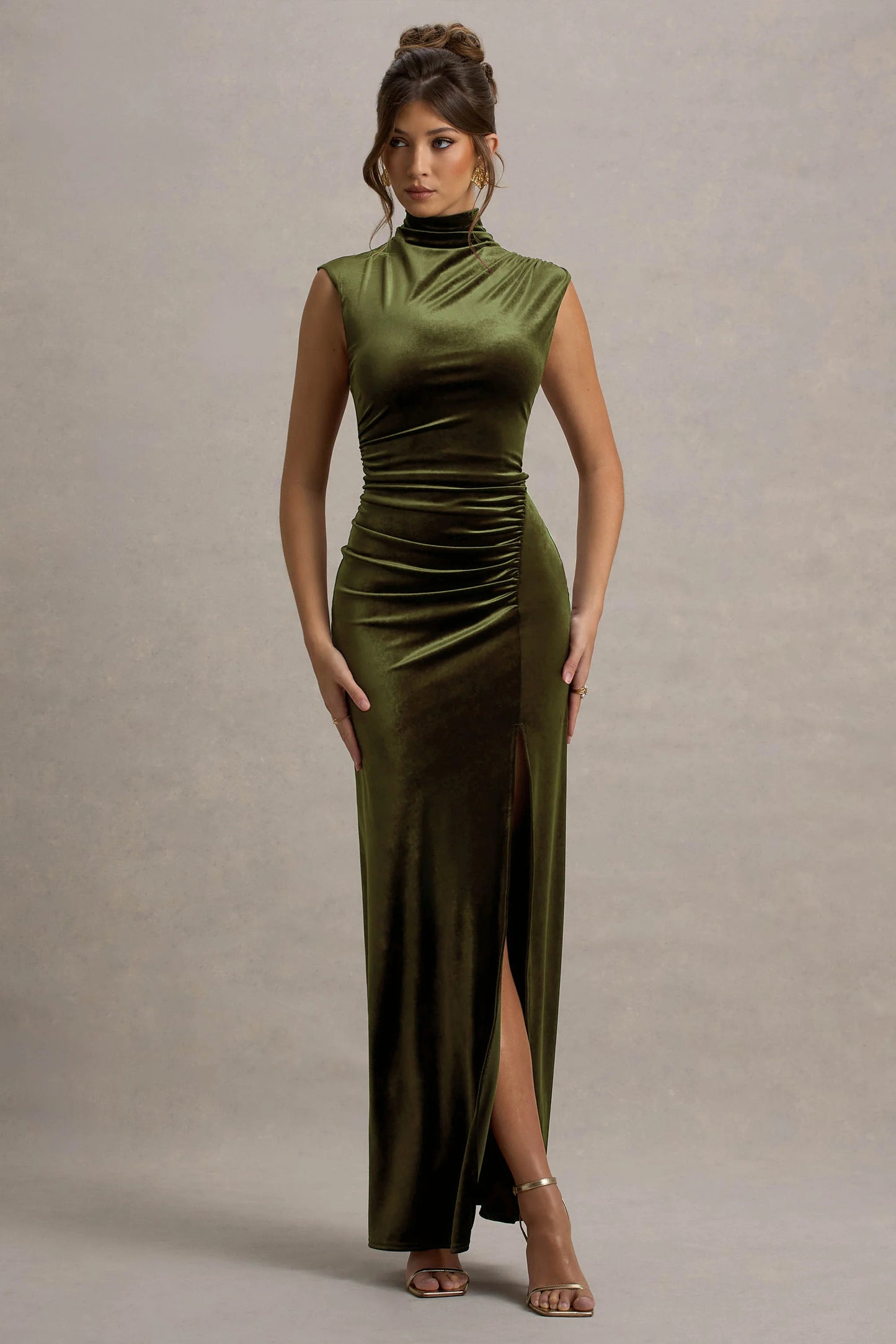 Abilene Olive Velvet High-Neck Split Maxi Dress