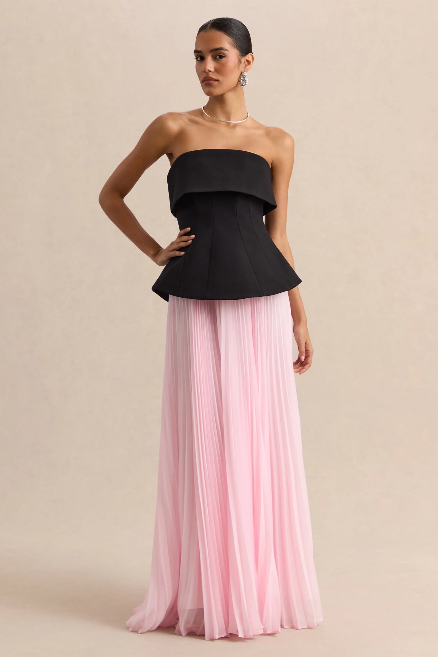 Stellara Black & Pink Bandeau Corset Maxi Dress With Sheer Skirt