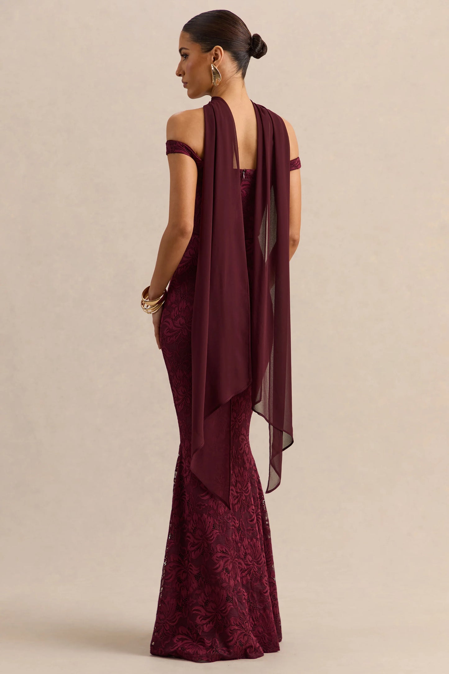Iselle Burgundy Lace Bardot-Neck Maxi Dress With Scarf-Detail